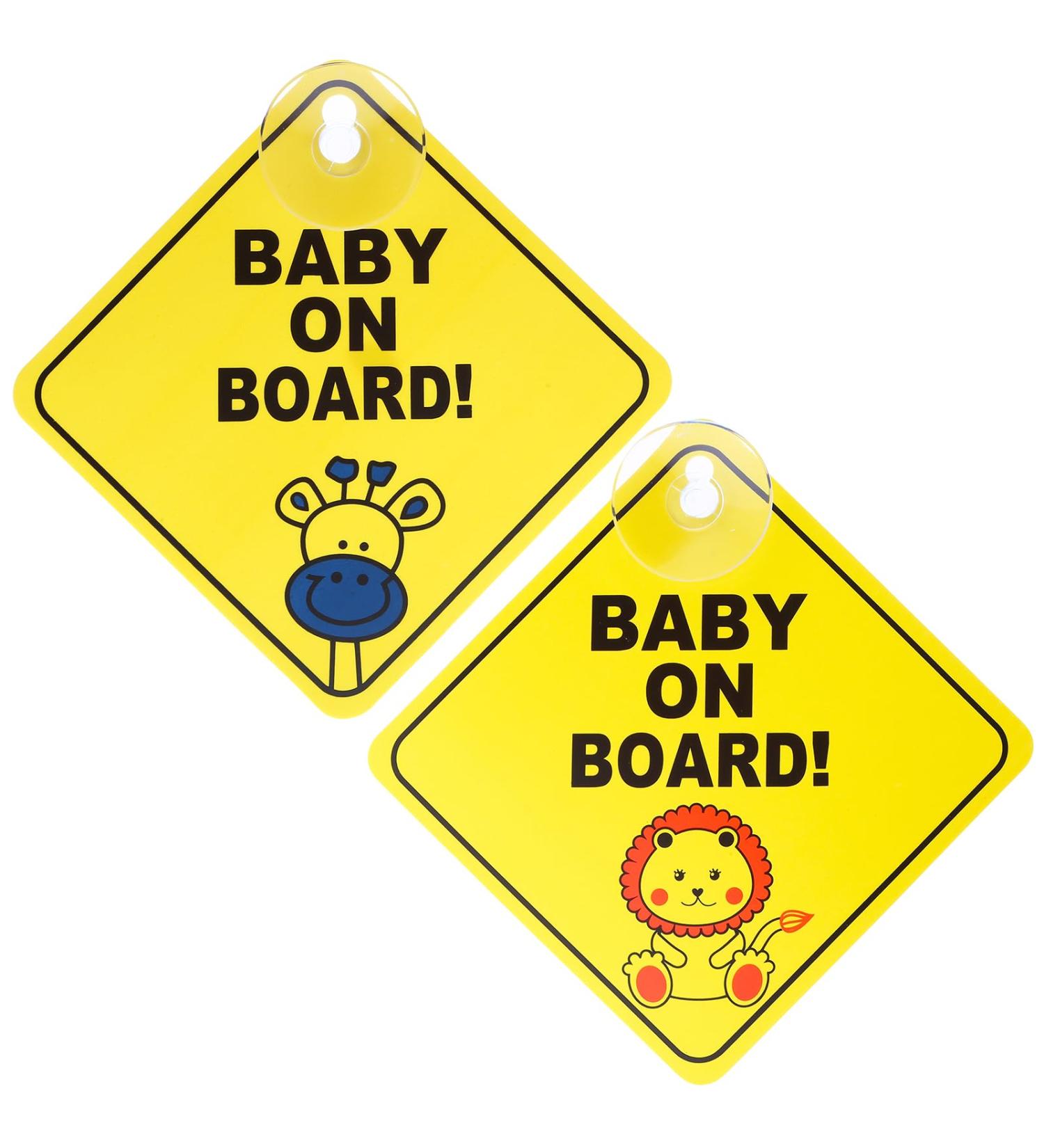 Bewudy 2 PCS Baby on Board Car Signs - Reusable Yellow Sticker with Suction Cups for Safety - Lion and Giraffe Design - Buy Online on GoSupps.com
