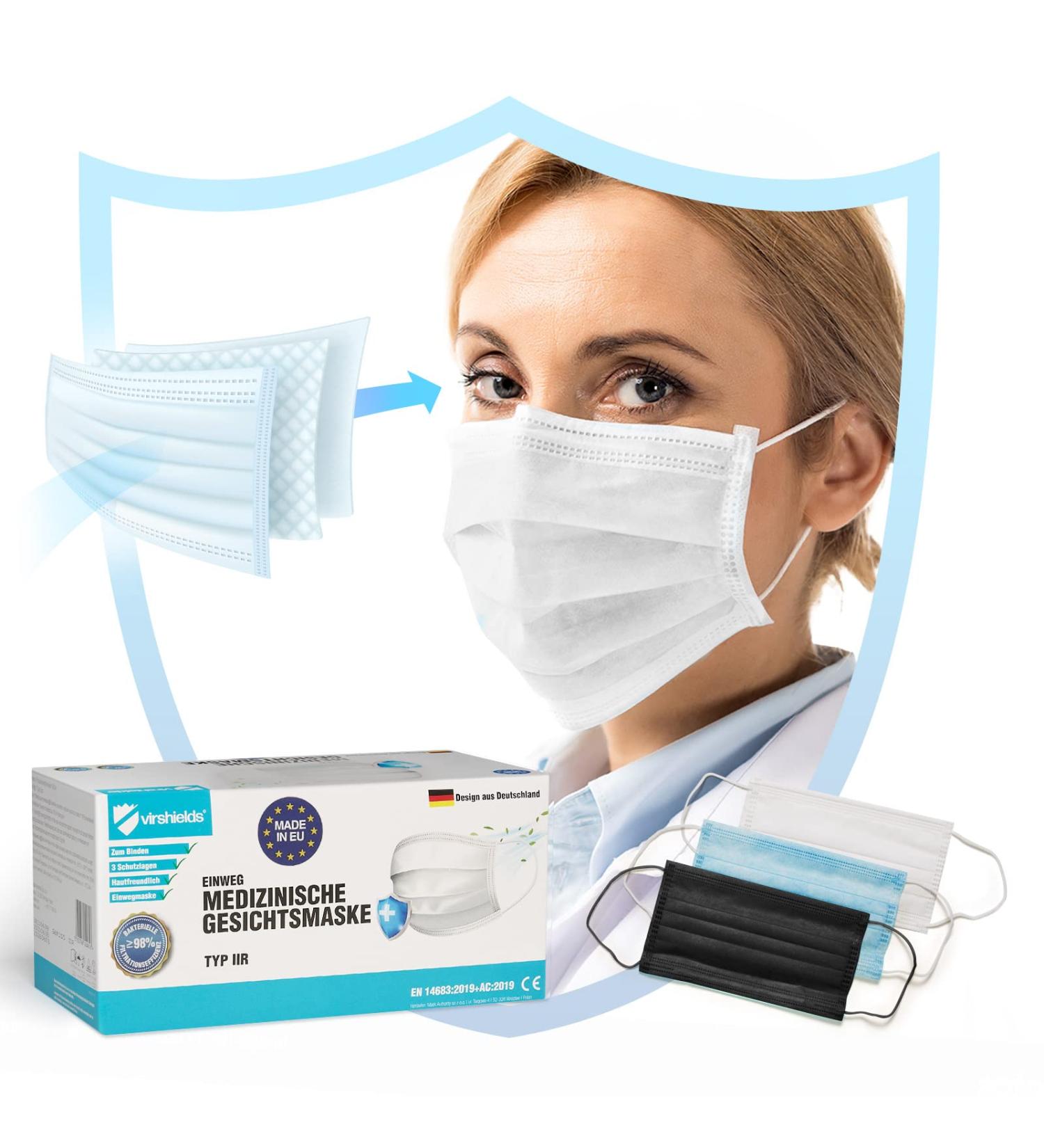 Virshields Medical Mundschutz - Type IIR BFE 99.98% 3-Layer Face Masks Made in EU Bulk Order 50-2000 Stk Color Options One-Way Protection - Buy Now! - Buy Online on GoSupps.com