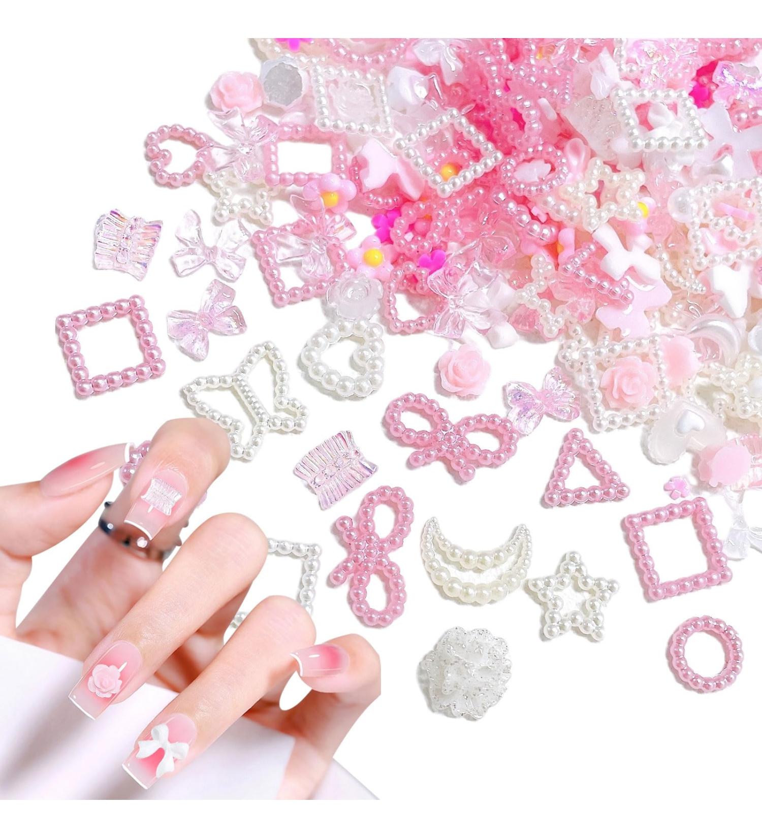 Nail Art Decoration - 350 Pieces White Pink 3D Charms & Pearls for DIY Nail Decor | Bear Butterfly & Bow Jewelry for Girls & Women - Buy Online on GoSupps.com