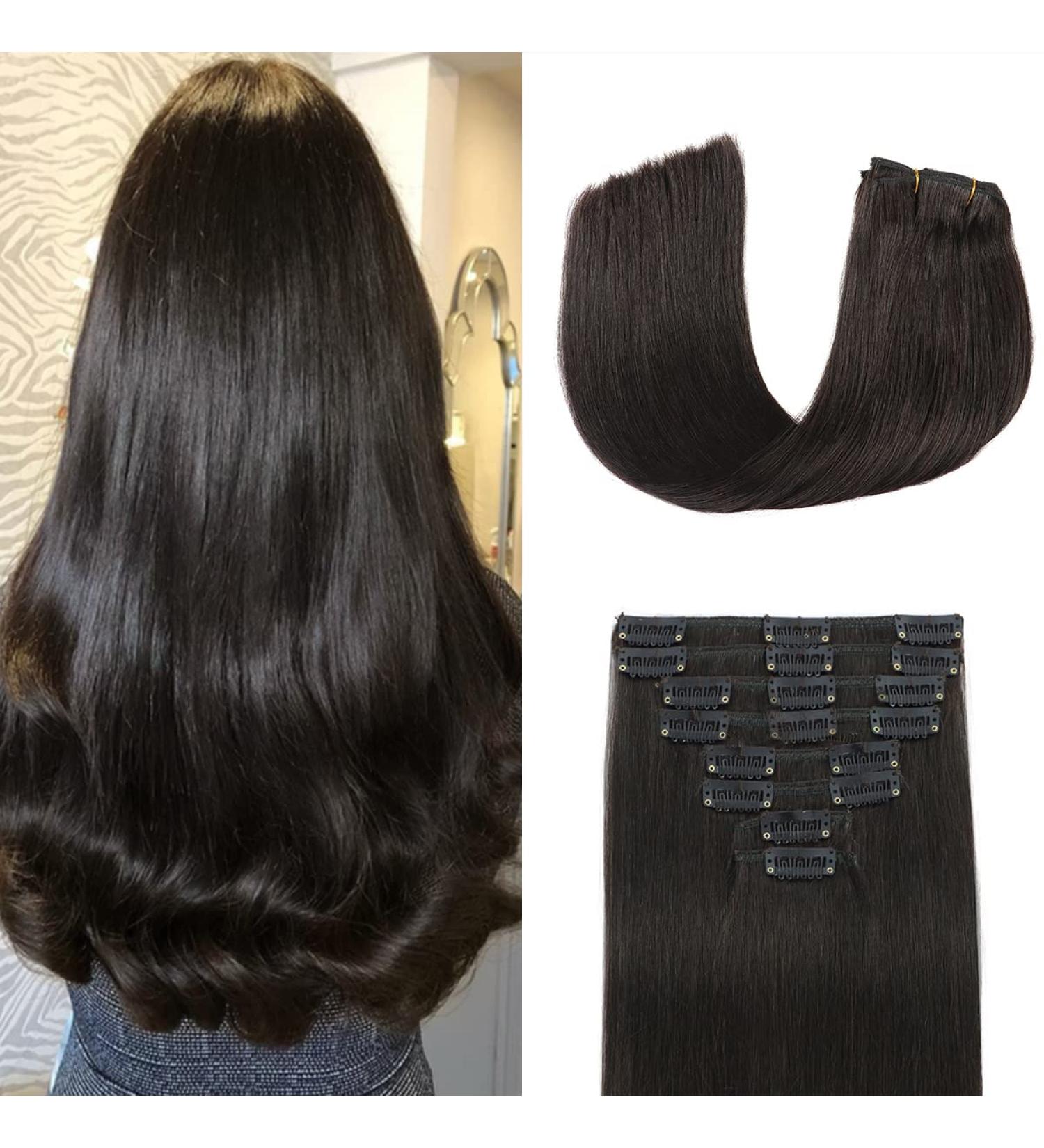 20 1B Natural Black Double Weft Human Hair Extensions - 8pcs, 70g - 100% Brazilian Virgin Hair - Clip-In for Women - Buy Online on GoSupps.com