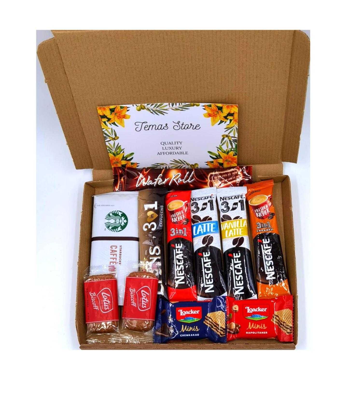 Instant Coffee Gift Box | 6 Variety Coffee Flavours | Mocha Cappuccino Latte Vanilla Caramel 3 in 1 Coffee Fantastic Letterbox gifts for Coffee Lovers| Biscuits Wafers | All Occasion| Birthday - Buy Online on GoSupps.com