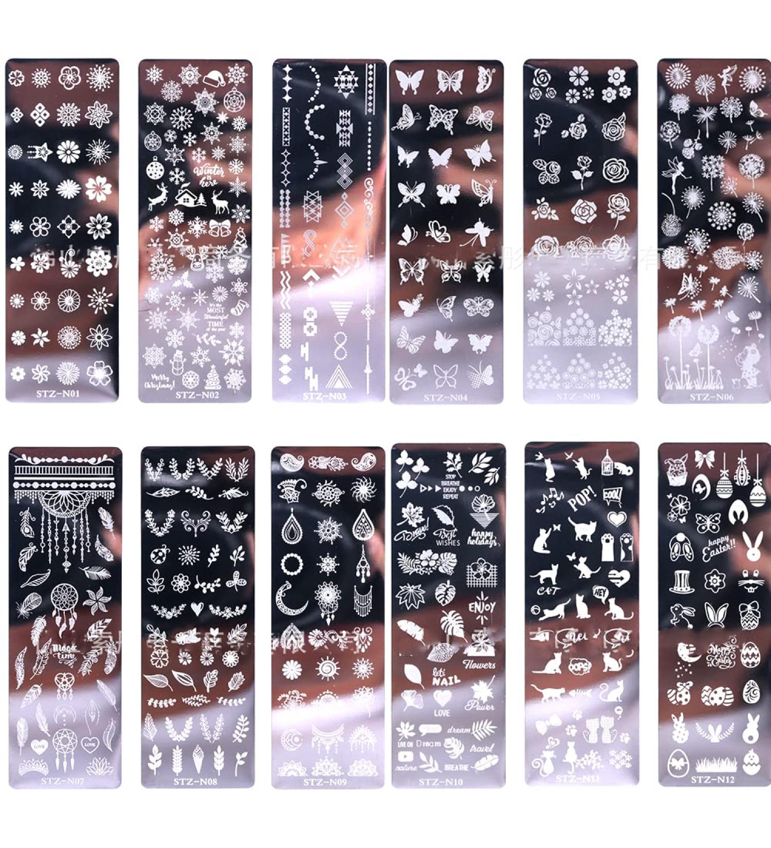 12 PCS Nail Stamp Templates Set - Flower Butterfly Animal Designs for Nail Art | Metal Image Plates for Gel Polish Decoration - Buy Online on GoSupps.com