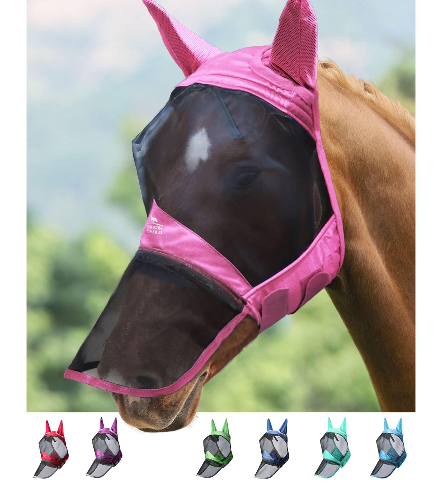 Harrison Howard Caremaster Pro Luminous Horse Fly Mask - UV Protection Large Eye Space & Long Nose with Ears - Pink for Warmbloods (L) - Buy Online on GoSupps.com