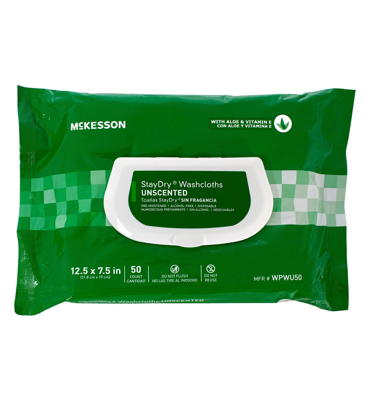 Mckesson StayDry Disposable Washcloths with Aloe and Vitamin E - Unscented, 600 Total Wipes, 12 Packs - Buy Online on GoSupps.com