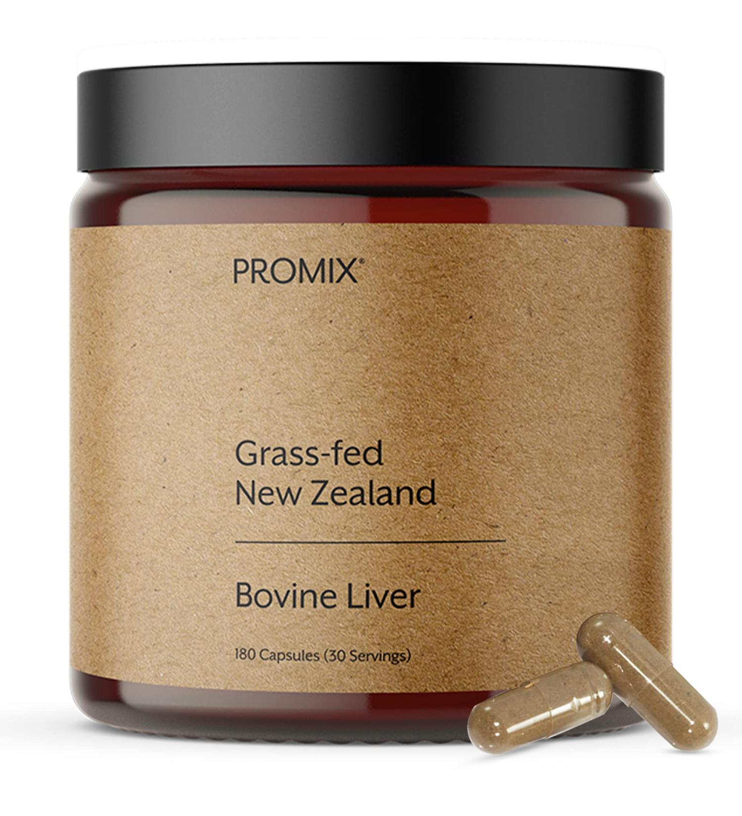 ProMix Nutrition Grass Fed Raw Beef Liver Supplement - Multivitamin Detox for Liver Health - Bioavailable Vitamins A B12 D3 Heme Iron - 180 Gelatin Capsules - International Shipping Available - Buy Online on GoSupps.com