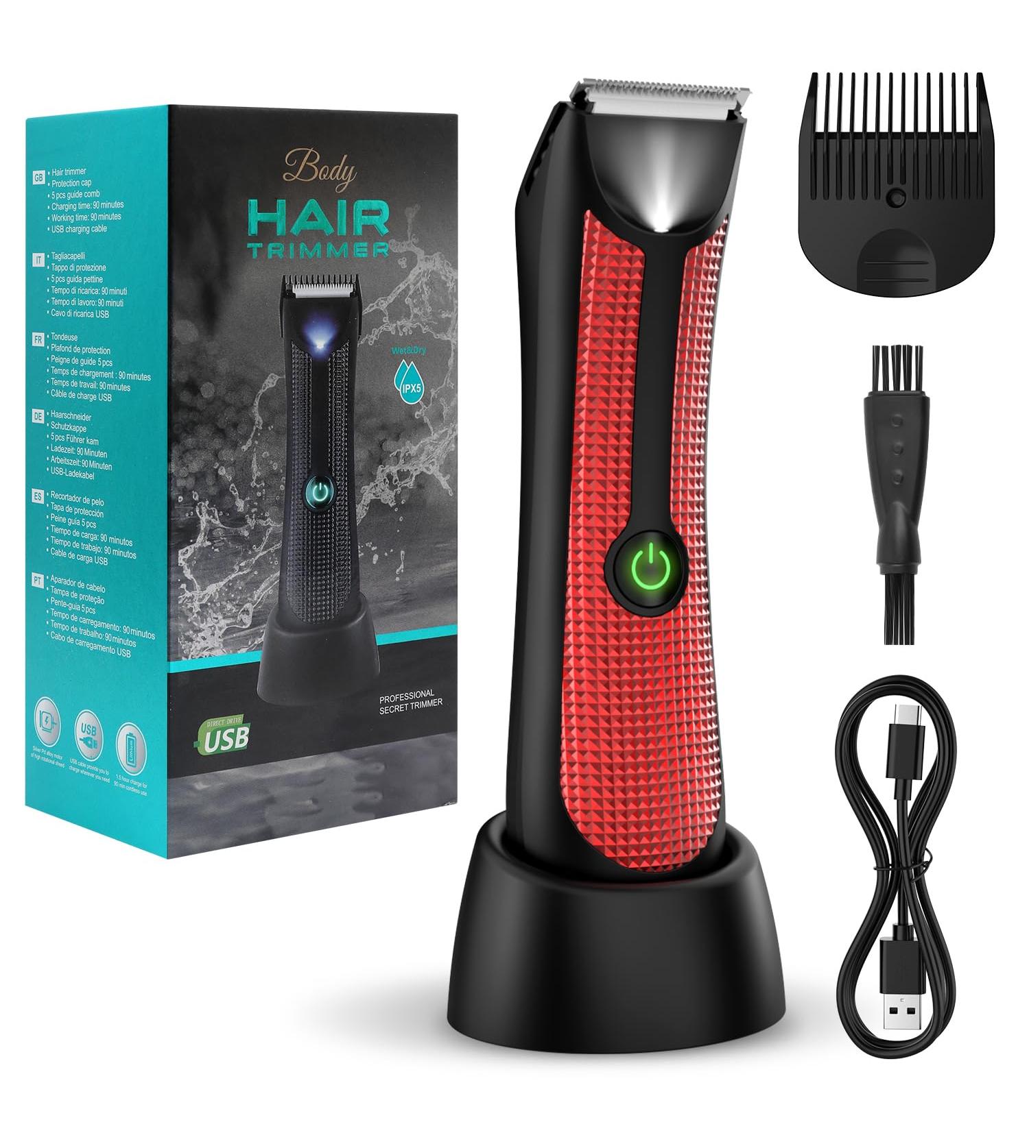 Vexloria Ball Trimmer Men - Electric Groin & Body Hair Groomer with Ceramic Blade, Wet/Dry Shaver, LED Light - Red - Buy Online on GoSupps.com