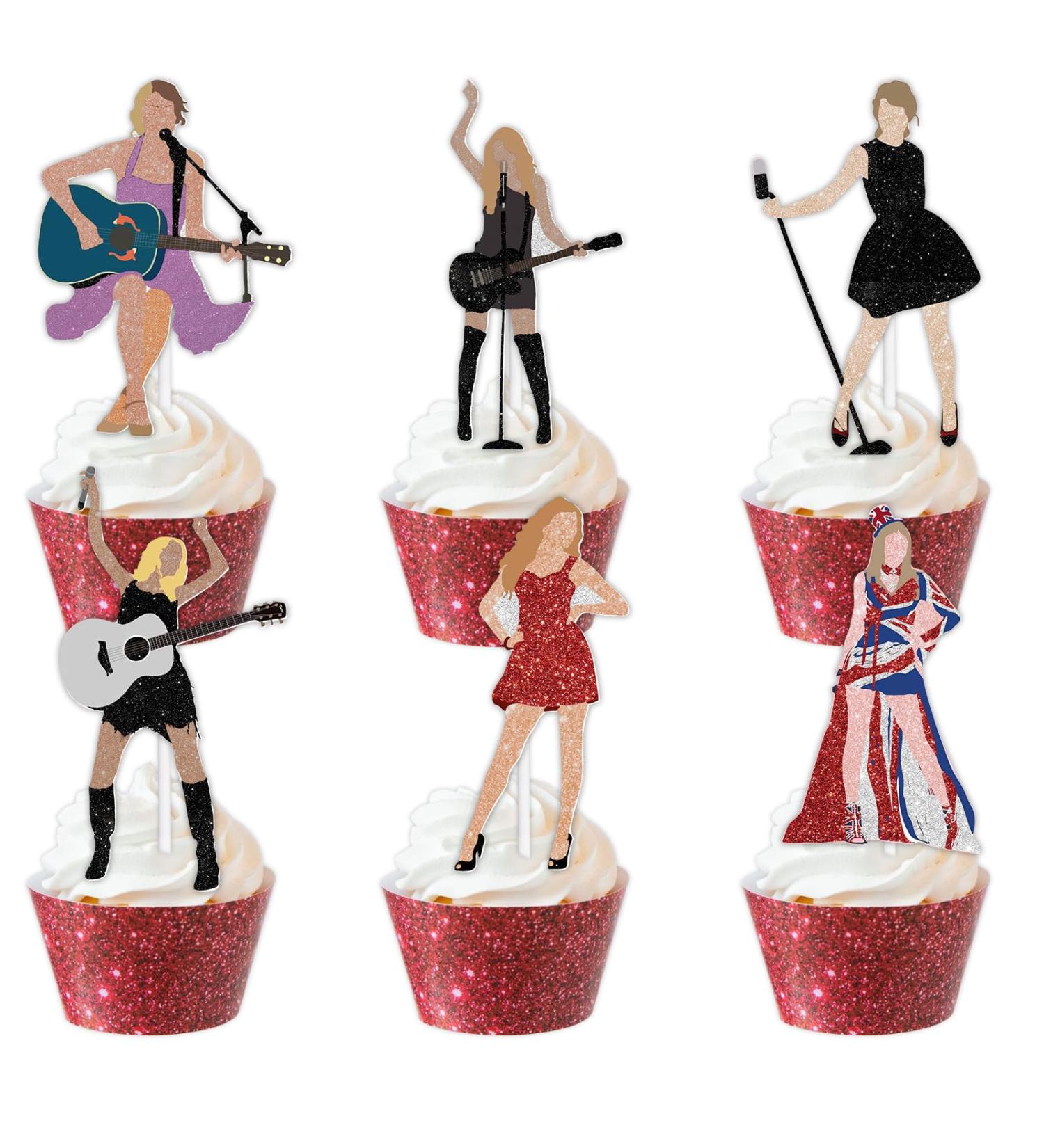 18pcs Glitter Guitar Girls Dessert Cupcake Topper Cheer to Worldwide Popular Female Singer Concert Theme Decor Pick for Fan Men Women Happy Birthday Folklore Music Party Decorations Supplies - Buy Online on GoSupps.com