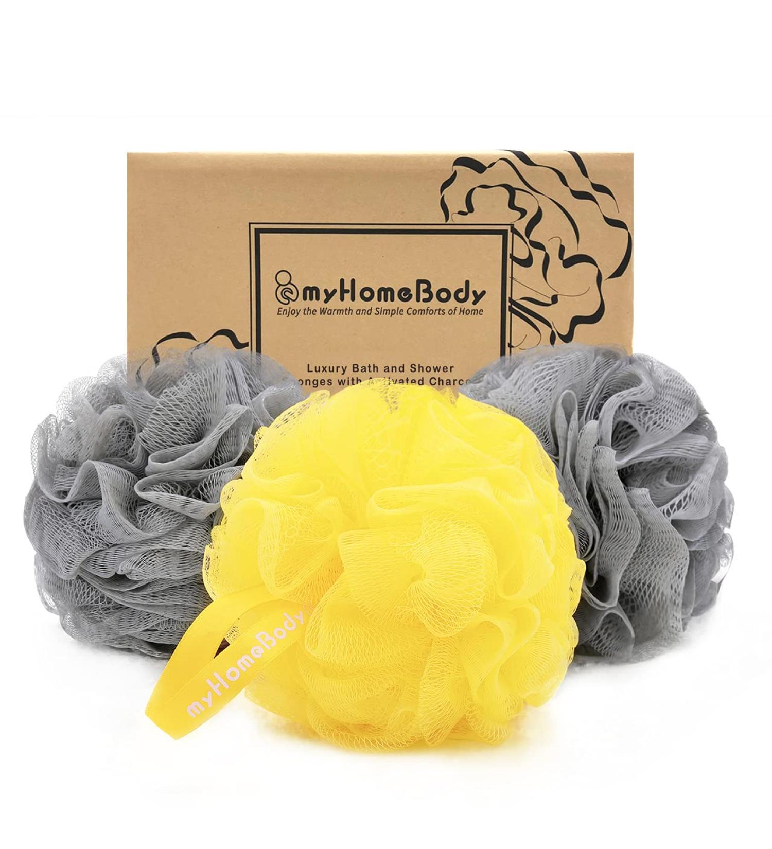 70g Loofah Sponge Set - Exfoliating Bath Scrubber with Activated Charcoal | 3 Pack for Men & Women - Ultimate Gray & Illuminating Yellow - Buy Online on GoSupps.com