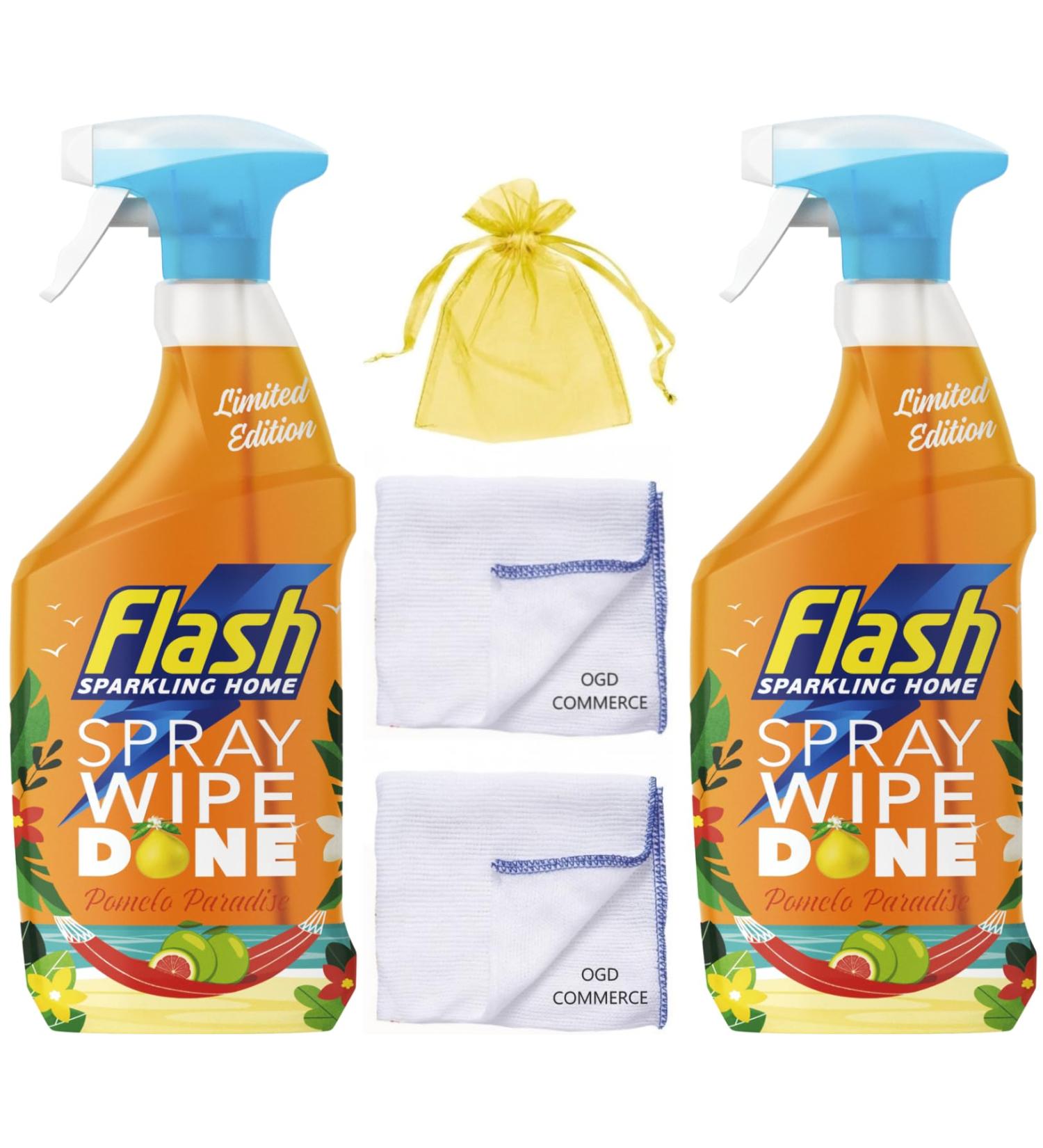 Flash Sparkling Home Wipe&Done Multi-Surface Cleaner Spray 800ml Pomelo Paradise Scent in Limited Edition Pack of 2 + Gift for You: 2x Cleaning Cloth + Organza Small Bag - Buy Online on GoSupps.com
