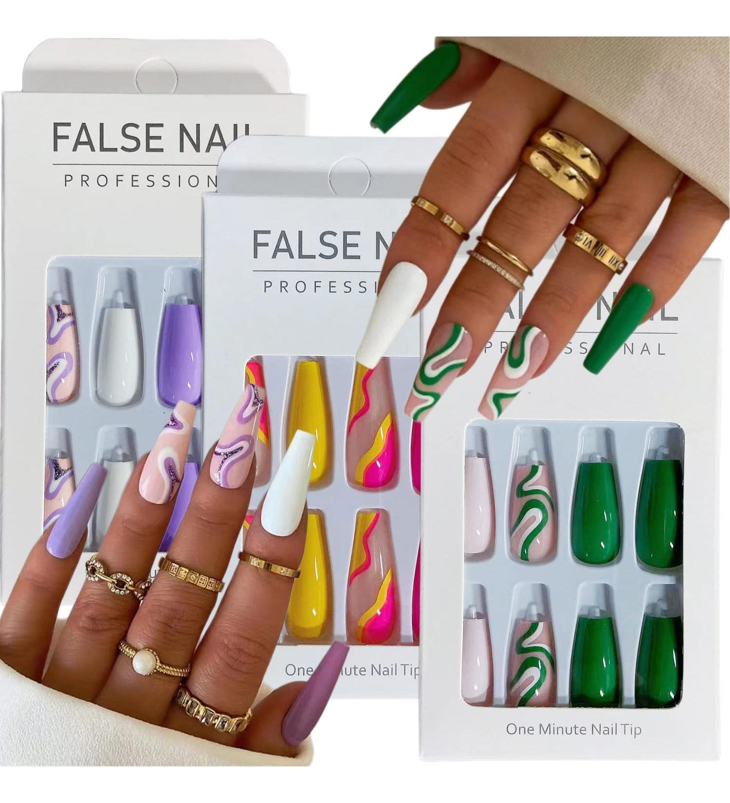 3 Packs (72 Pcs) Glossy Stick on Coffin Fake Nails with Colorful Stripes - Medium Length French False Nails Set for Women and Girls - Buy Online on GoSupps.com