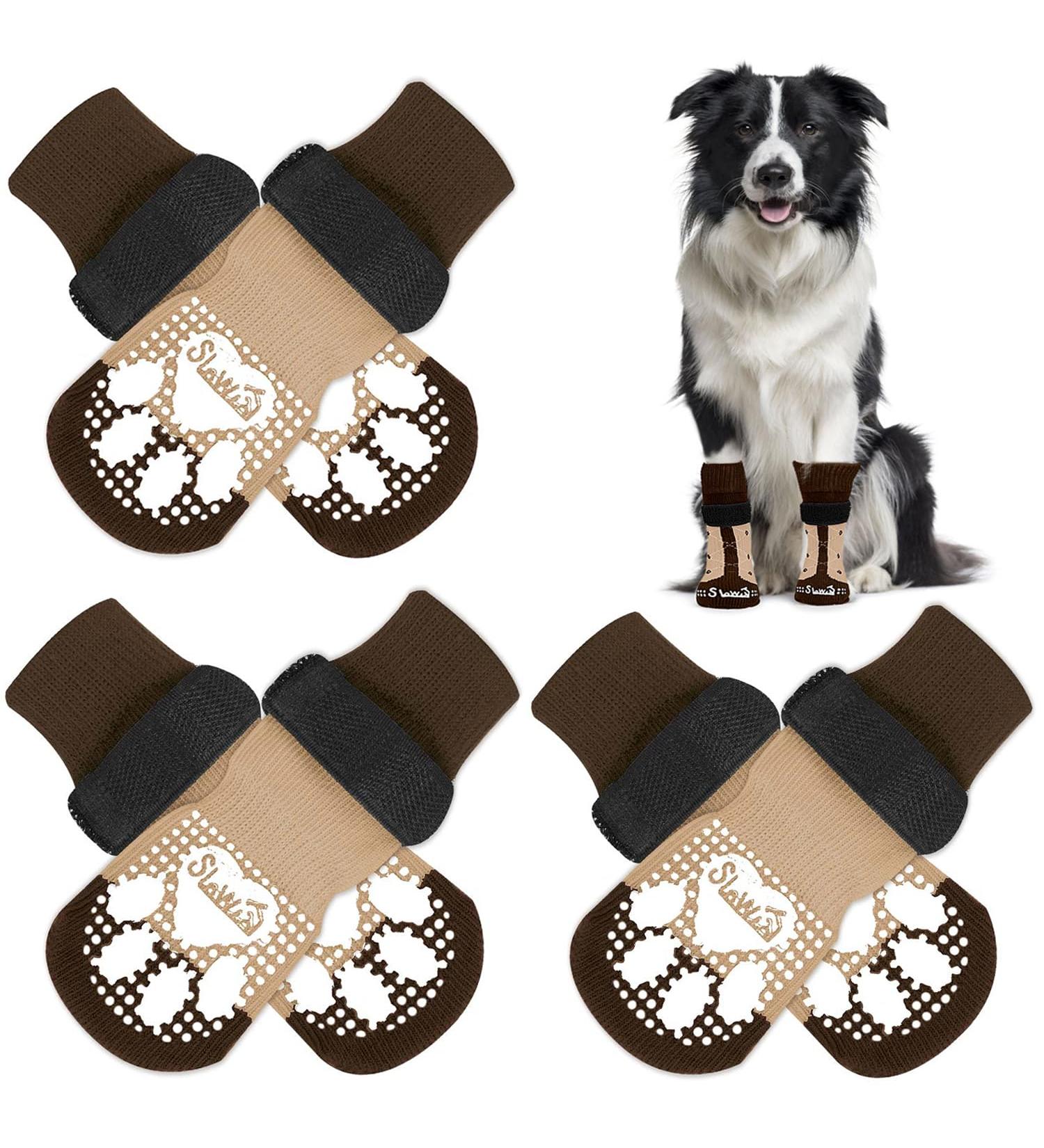 Eyein Double-Sided Anti-Slip Dog Socks - 3 Pairs of Soft Adjustable Velcro Paw Protection for Hardwood Floors - Brown Size M - Buy Online on GoSupps.com