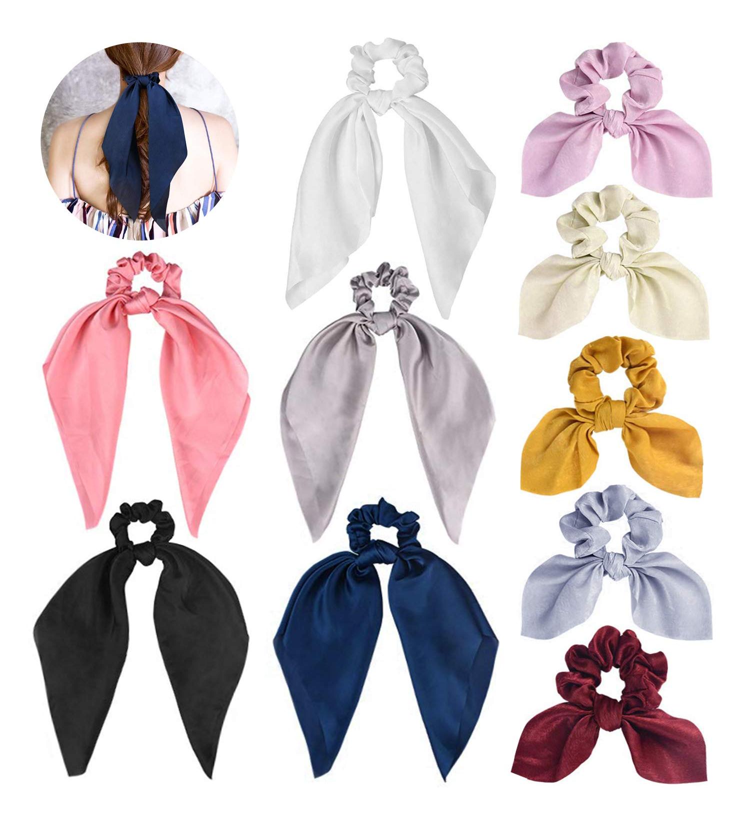 Satin Scarf Hair Scrunchies Set - Funtopia 10Pcs Ribbon Bow Scrunchies | Includes 5 Satin Hair Scarf & 5 Bunny Ear Scrunchies | Soft Hair Ties for Women and Girls - Buy Online on GoSupps.com