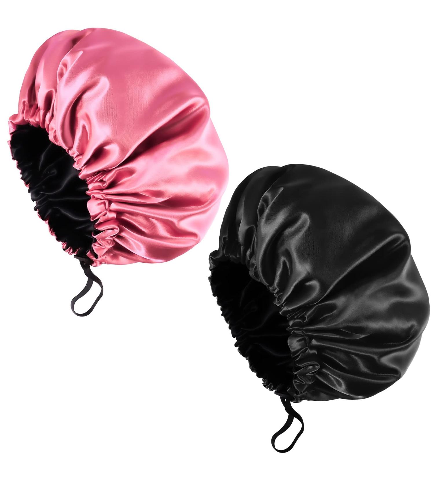 Fuyamp 2 Packs Satin Sleep Cap Adjustable Silky Sleep Bonnet for Women Long Curly Hair Double-Sided Waterproof Satin Hair Cap Extra Large Sleep Satin Bonnet for Women Girls Sleeping Black+Pink - Buy Online on GoSupps.com