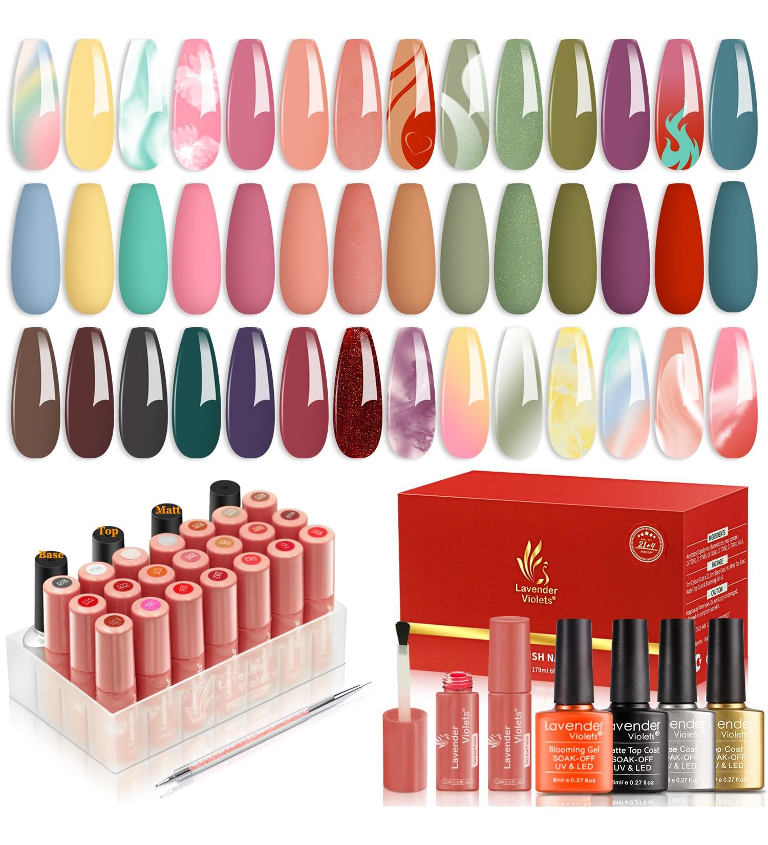 Lavender Violets 25 Pcs Gel Nail Polish Jelly desserts Colours Semi-glittery Blooming Gel Base Coat Glossy n Matte Top Coat Dotting Drawing Nail Brush Manicure Soak Off UV LED Varnish C408 - Buy Online on GoSupps.com