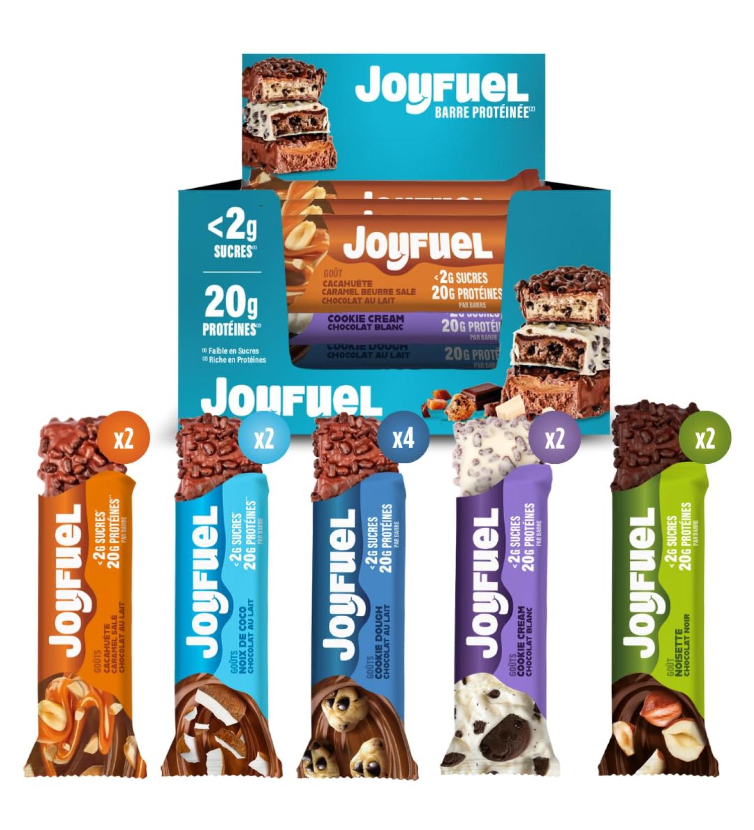 JOYFUEL Variegated box of 12 protein bars of 55 g. Discover the collection of JOYFUEL milk chocolate bars black or white 2 - Buy Online on GoSupps.com