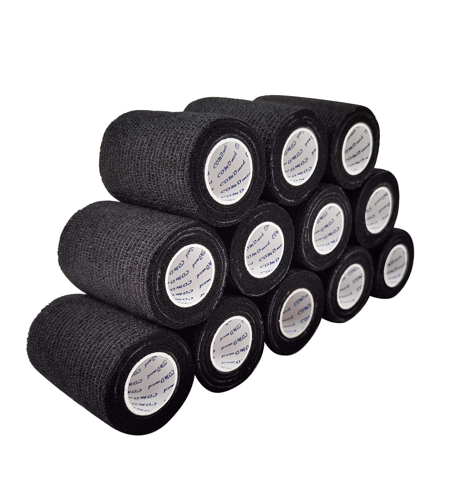 Self Adhesive Bandage Wrap - 3x5 Yards Athletic Tape for First Aid & Sports | 12 Rolls - Black - Ideal for Wrist & Ankle Sprains - Buy Online on GoSupps.com