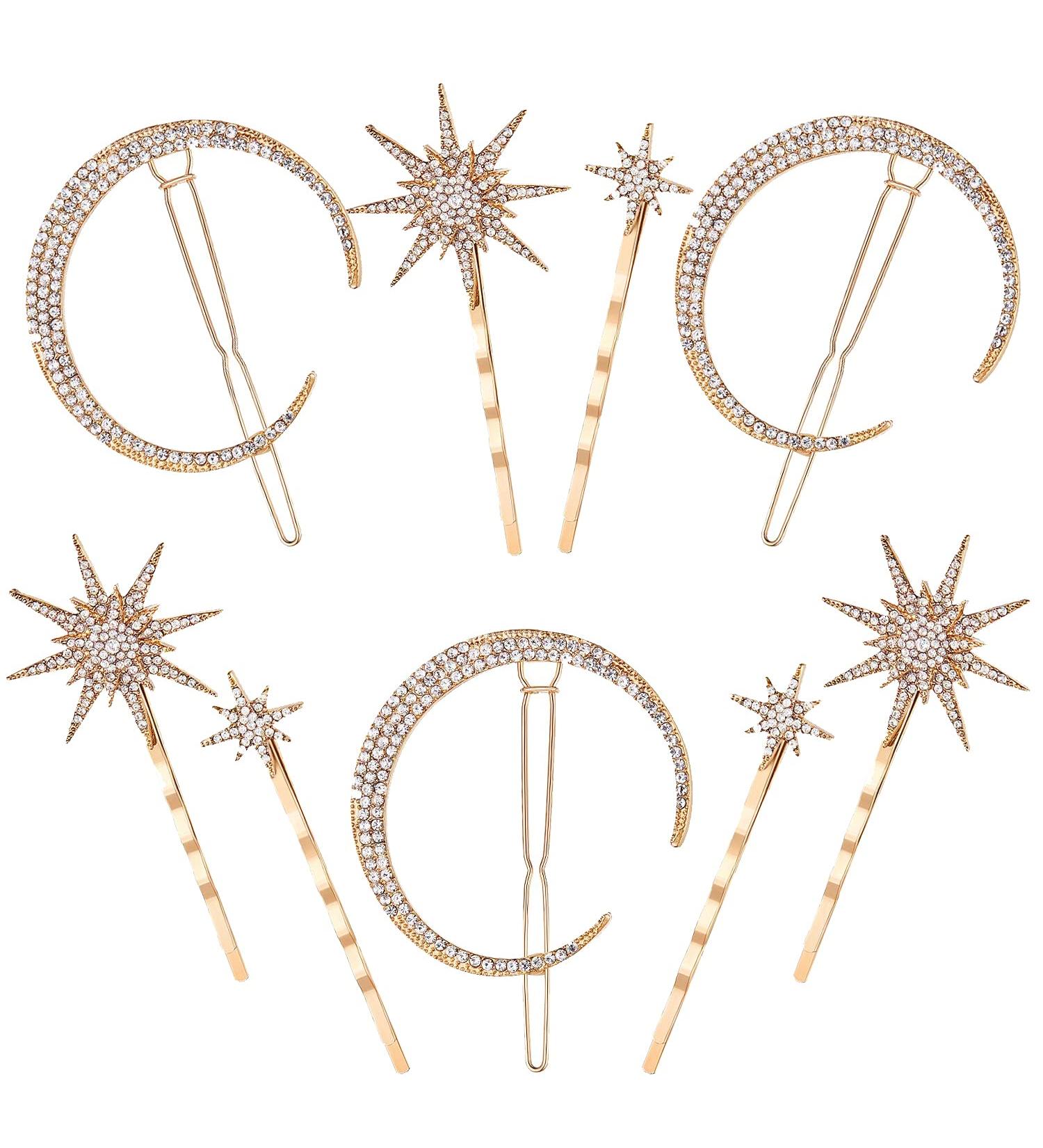 Elegant Rhinestone Moon & Star Hairpin Set for Women & Girls - 9 Vintage Hair Clips for All Hair Types - Buy Online on GoSupps.com