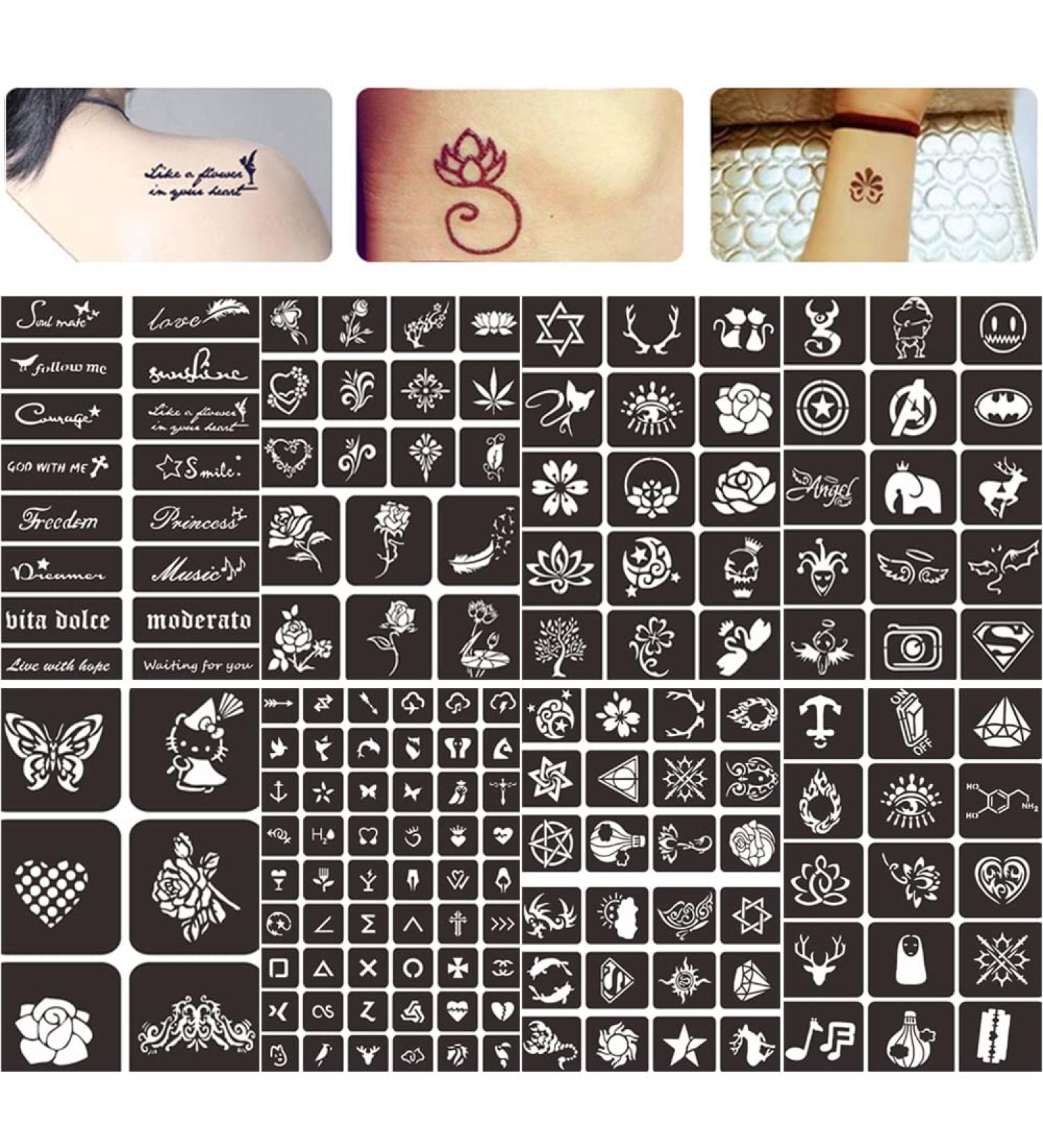 Henna Tattoo Stencils - 8 Sheets Body Art Designs for Temporary & Reusable Self-Adhesive Glitter Tattoos - Adults, Women, Men, Kids - Buy Online on GoSupps.com