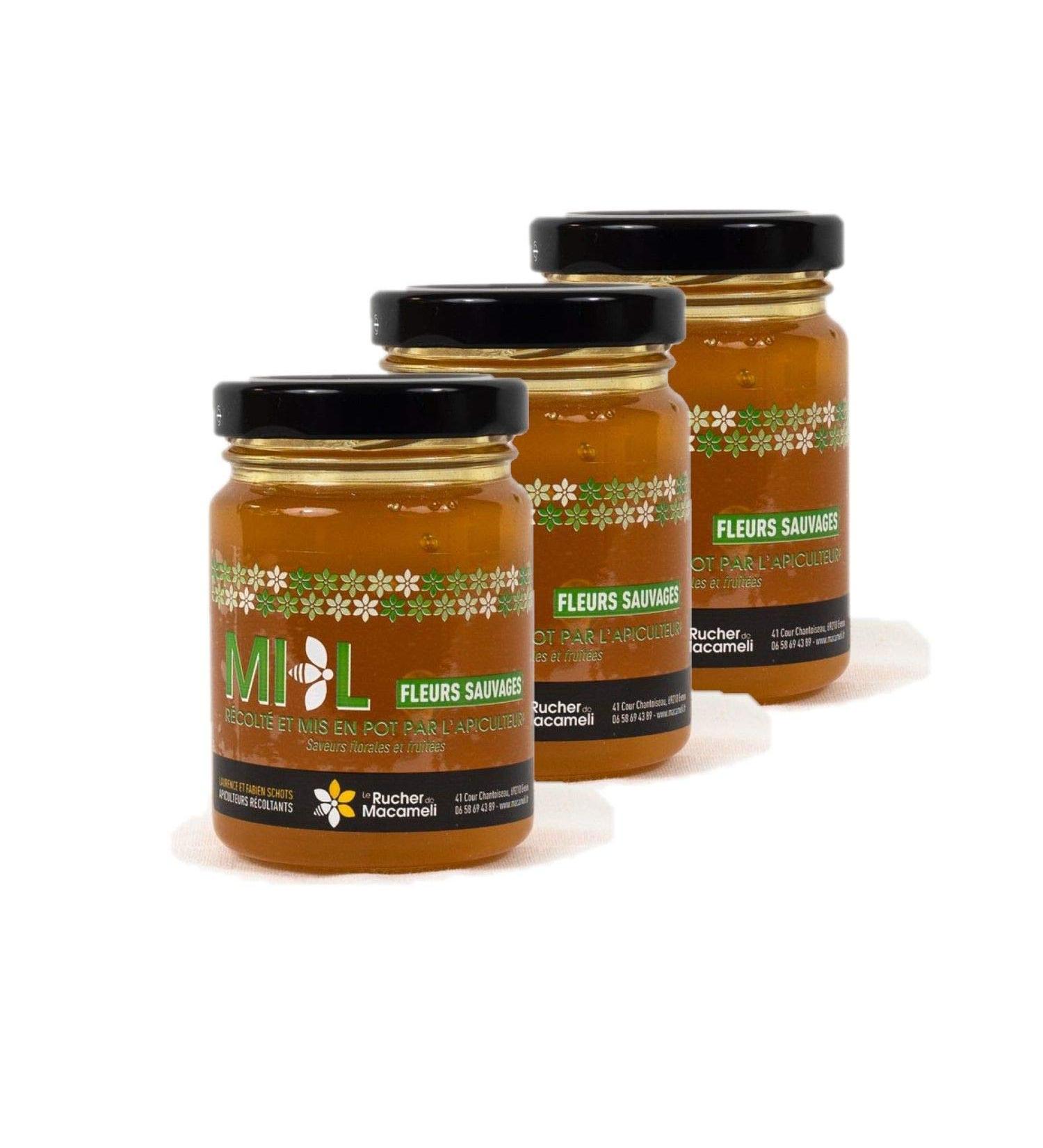 Set of 3 Wild Flower Honey – Monts du Lyonnais – Rhône Alpes – Le Rucher de Macameli – 125 g Pot