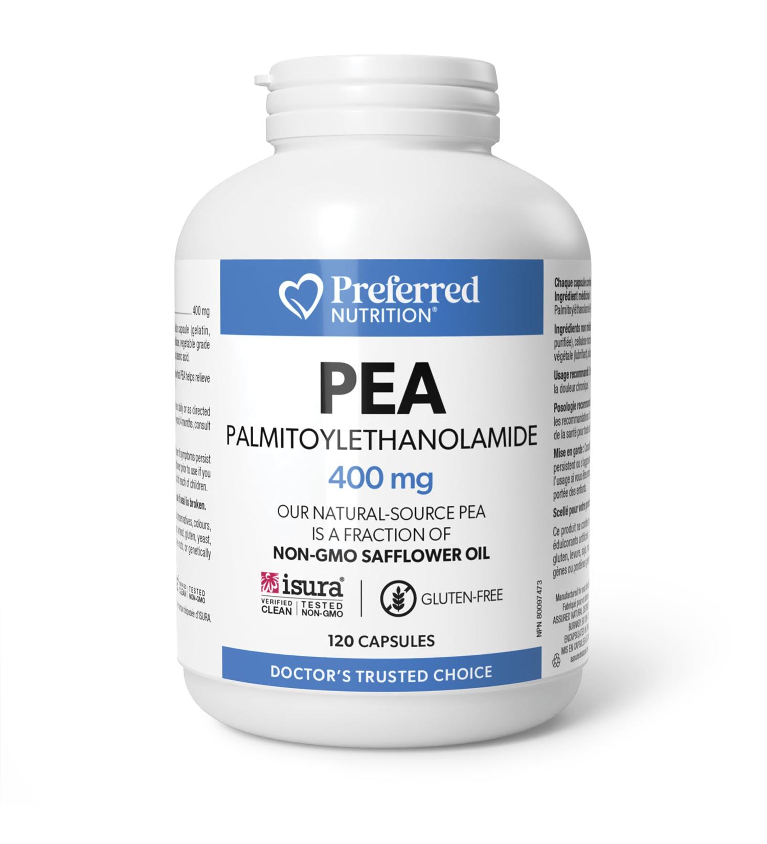 Preferred Nutrition PEA (Palmitoylethanolamide) 400mg 120 capsules Fractionated non-GMO Safflower Seed Oil Micronized High absorption Helps relieve chronic pain - Buy Online on GoSupps.com