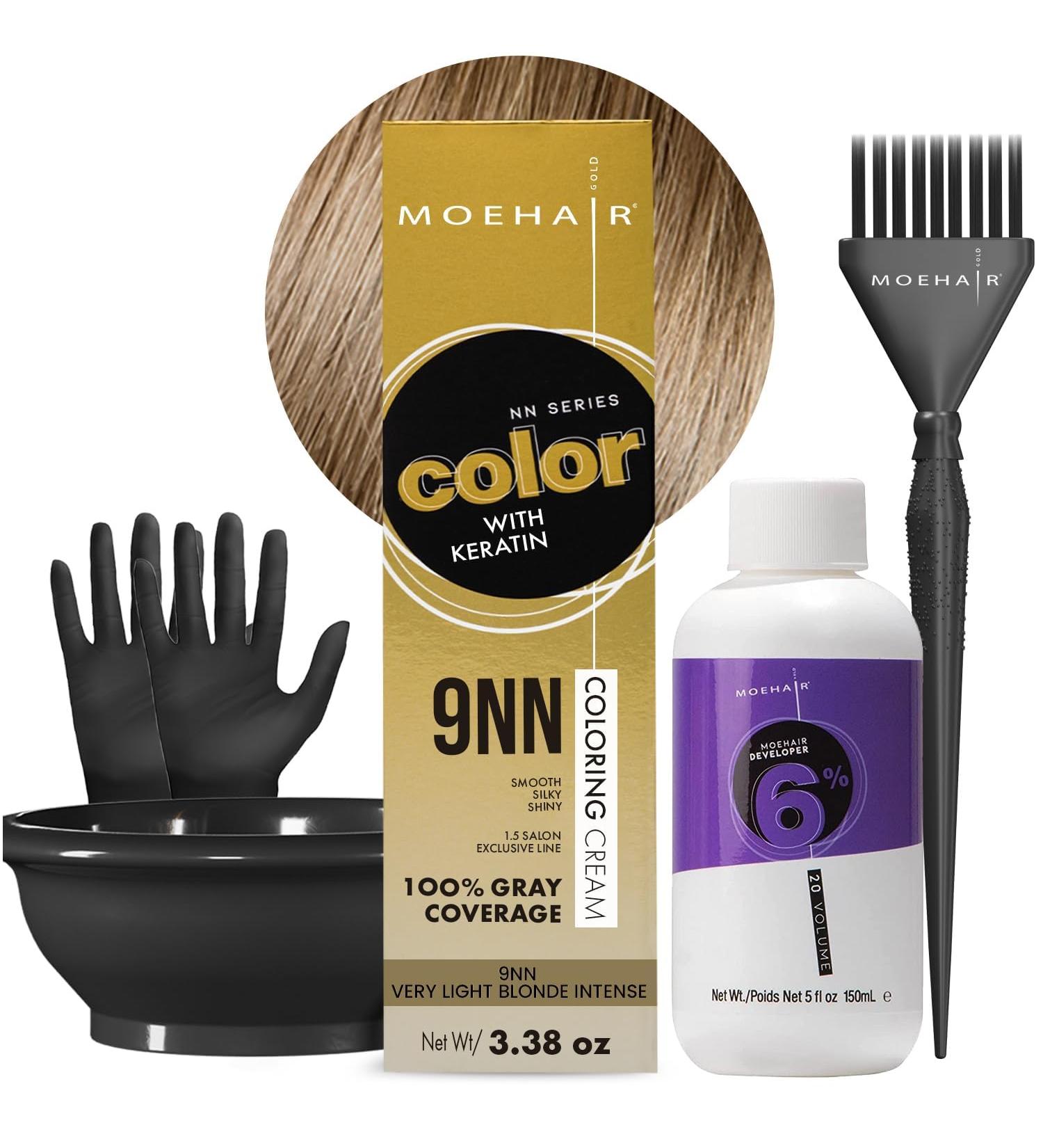 MOEHAIR Hair Coloring Kit | 9NN Very Light Blonde Permanent Color | Keratin Infused | Complete Set with Developer Brush & Gloves | Gray Coverage & Shine - Buy Online on GoSupps.com