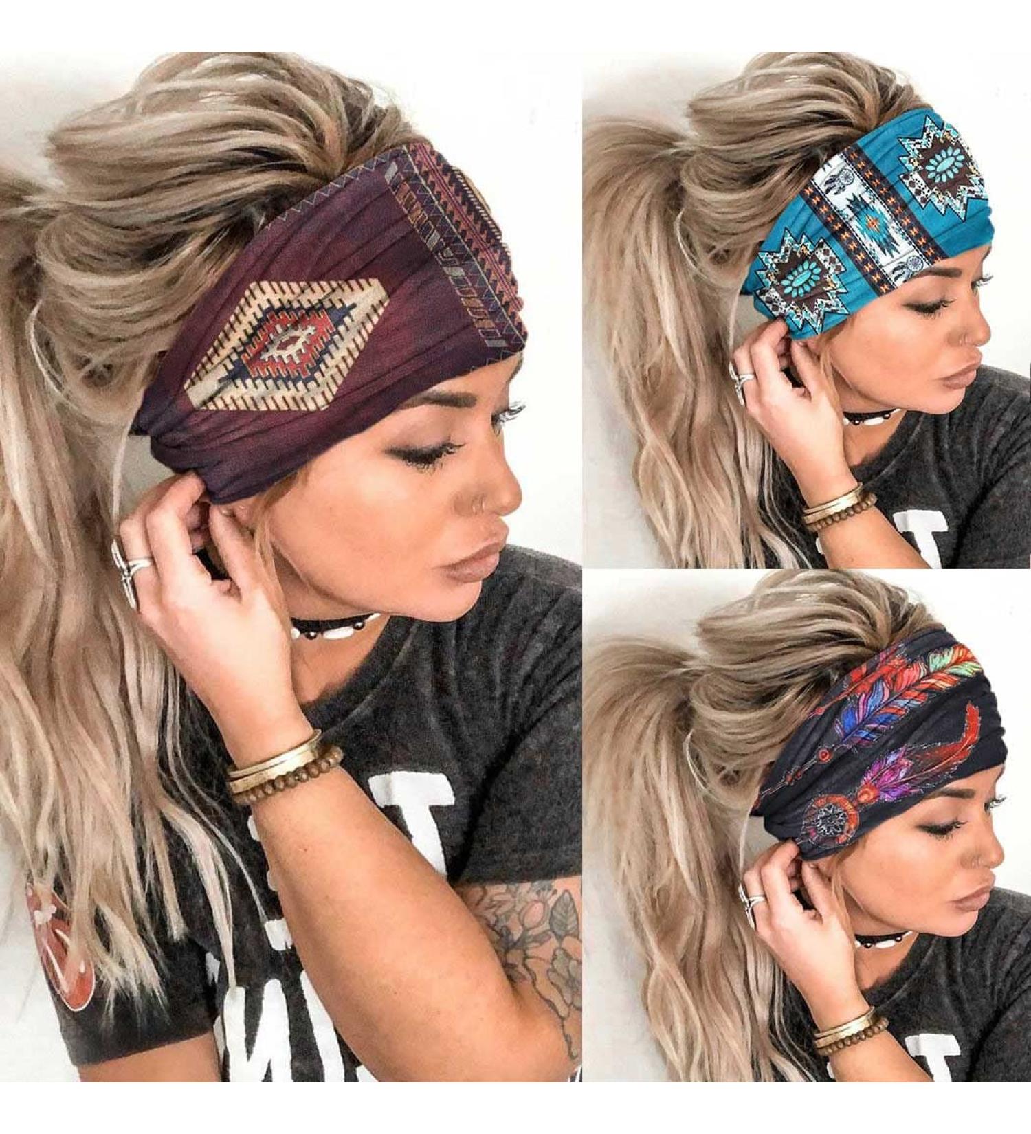 GORTIN Boho Green Feather Print Headbands - Set of 3 | Elastic Turban Headwraps for Women and Girls - Buy Online on GoSupps.com