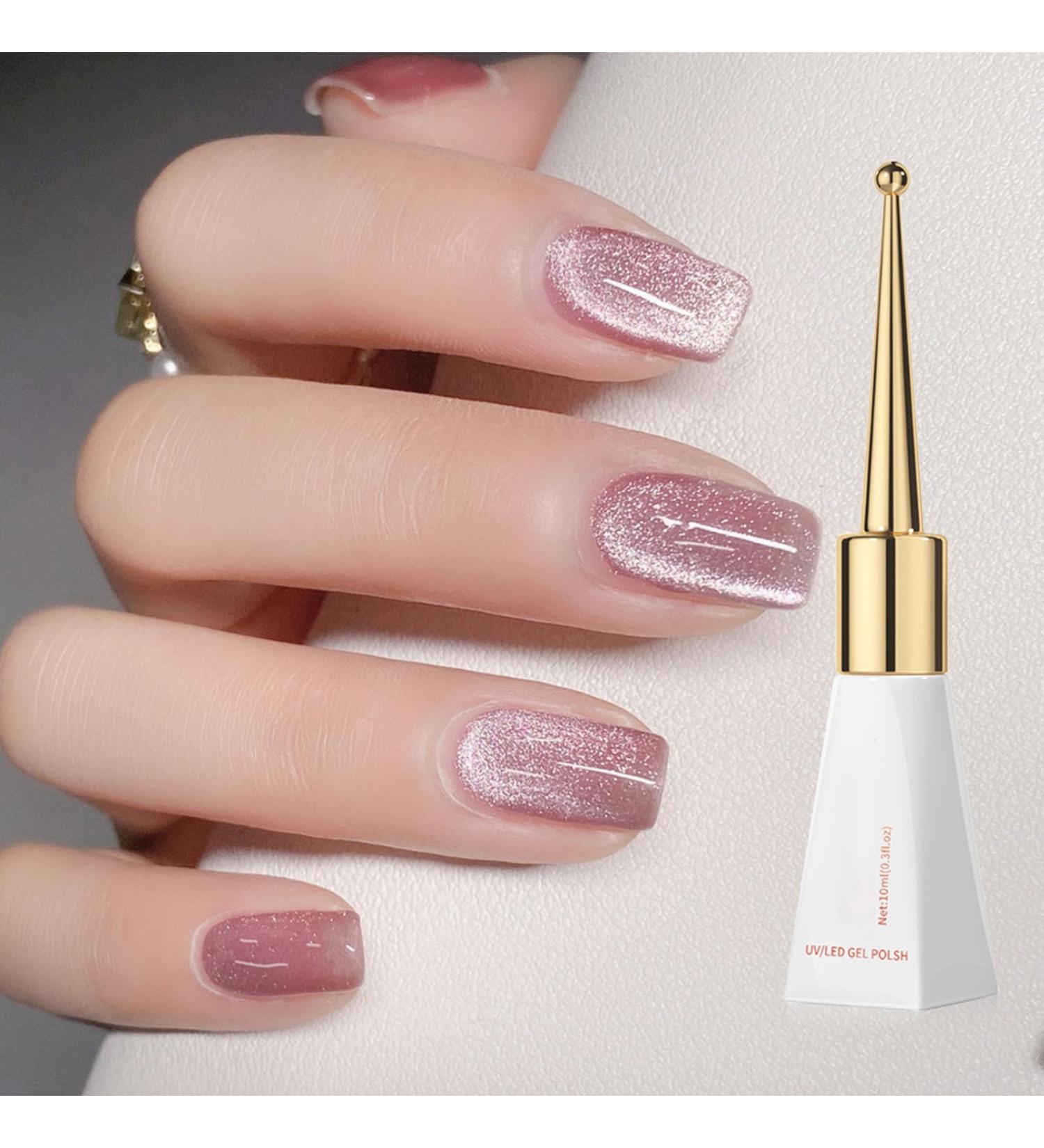Jelly Cat Eye Gel Nail Polish Pink Glitter Crystal Gel Polish Glitter Pink Magnetic Nail Polish Soak Off UV/LED Sparkle Shiny Holographic Cat Eye Gel Polish for Nail Art Manicure Salon DIY at Home - Buy Online on GoSupps.com
