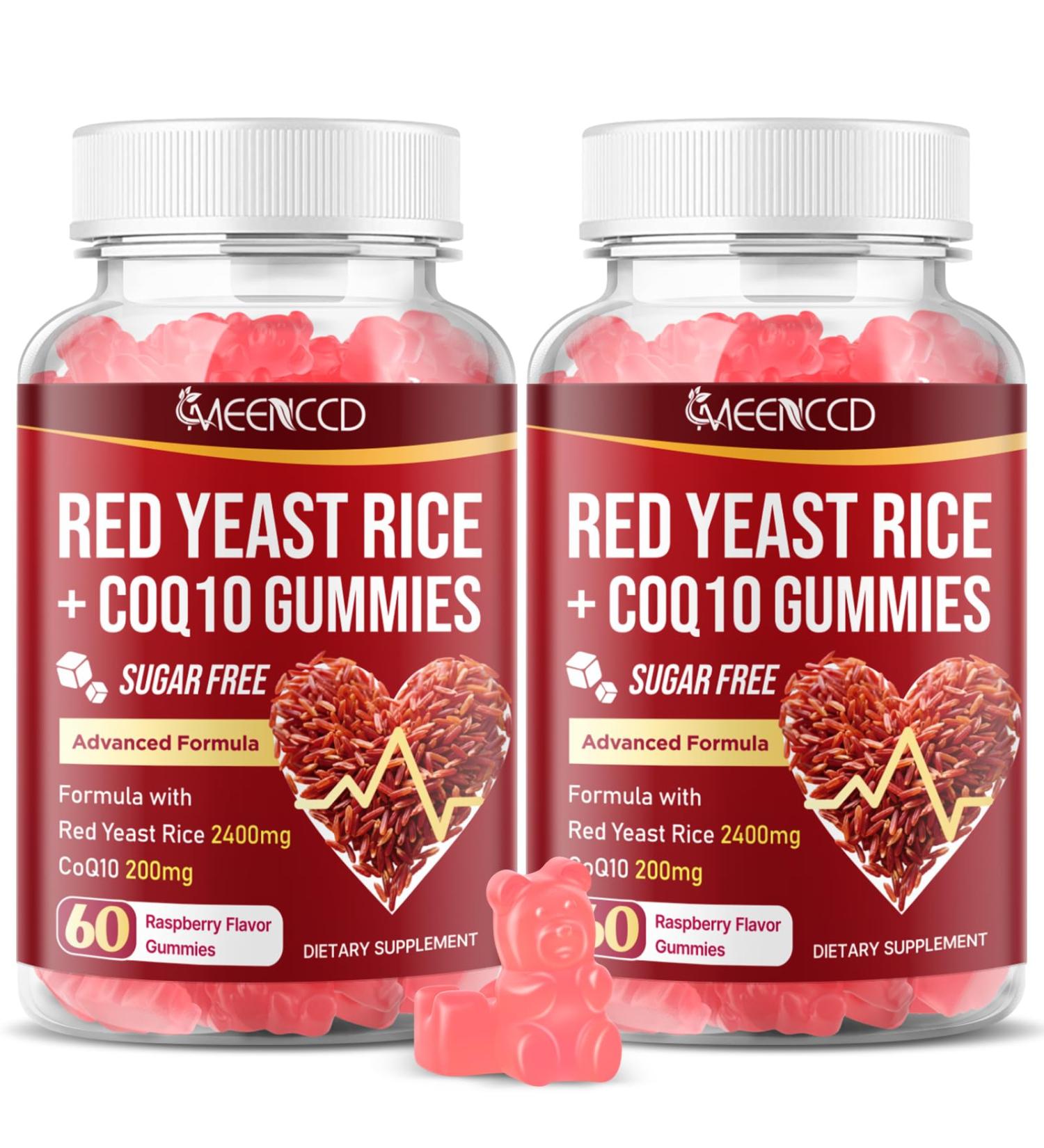 2 Pack Red Yeast Rice with CoQ10 Gummies Red Yeast Rice Supplement with Coenzyme Q10 for Overall Well-Being & Vitality Sugar Free Vegan Raspberry Flavor 120 Count 60 Count (Pack of 2) - Buy Online on GoSupps.com
