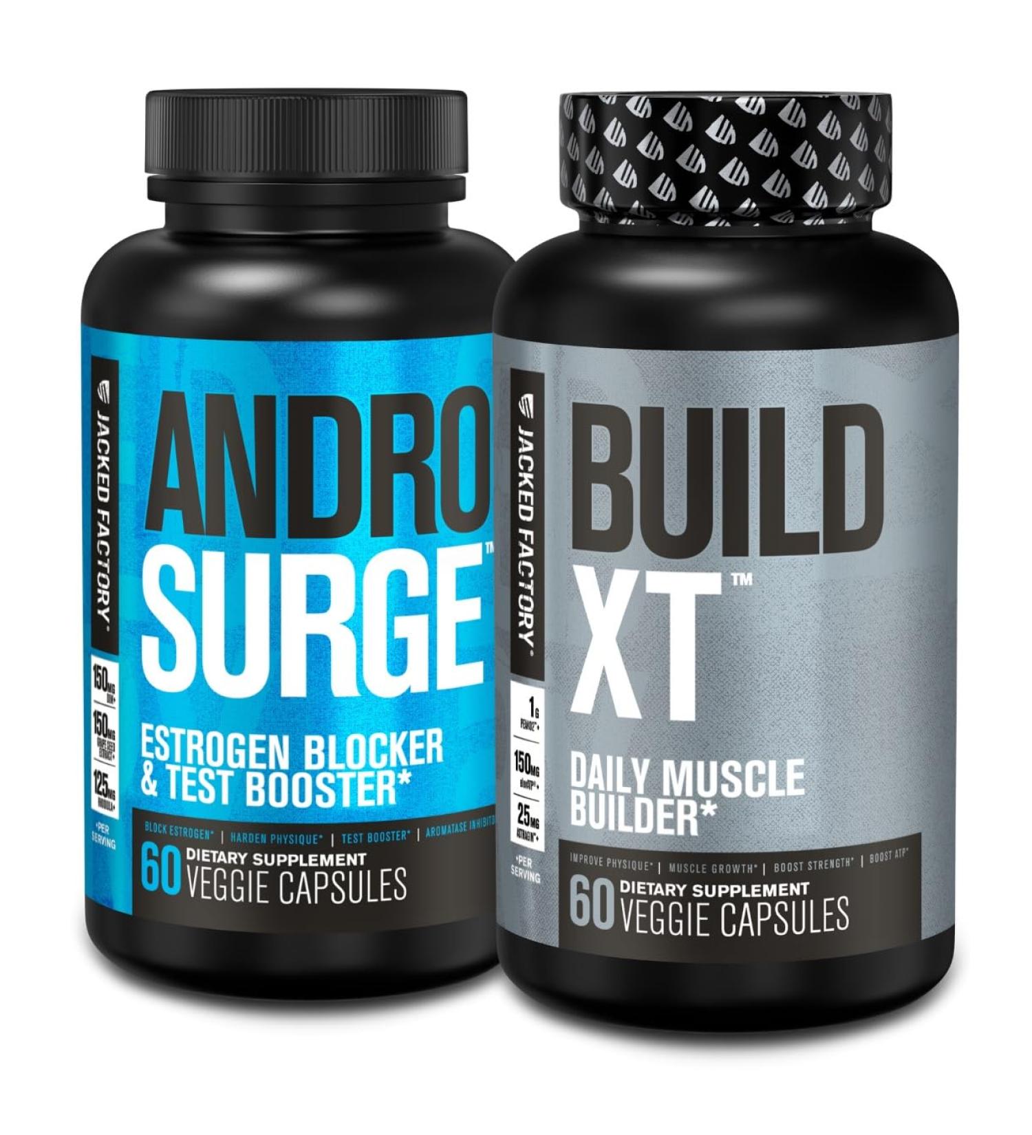 Jacked Factory Androsurge Estrogen Blocker & Testosterone Booster for Men (60 Capsules) & Build-XT Daily Muscle Builder & Performance Enhancer (60 Capsules) - Buy Online on GoSupps.com