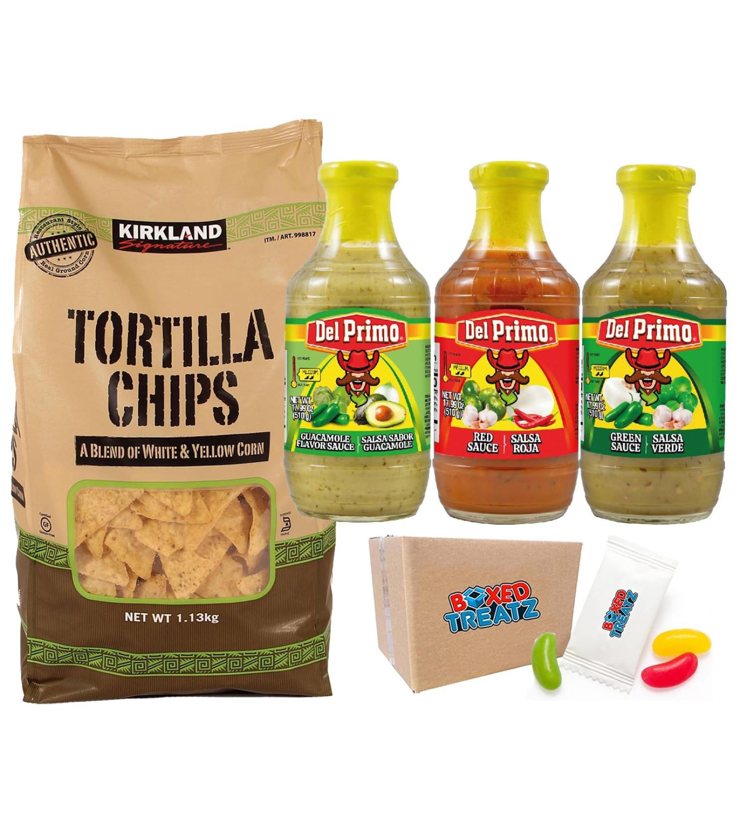 Tortilla Chips (1.13kg) With Del Primo Mexican Salsa Sauces (3 x 510g) - Red Green And Guacamole Boxed Treatz - Buy Online on GoSupps.com