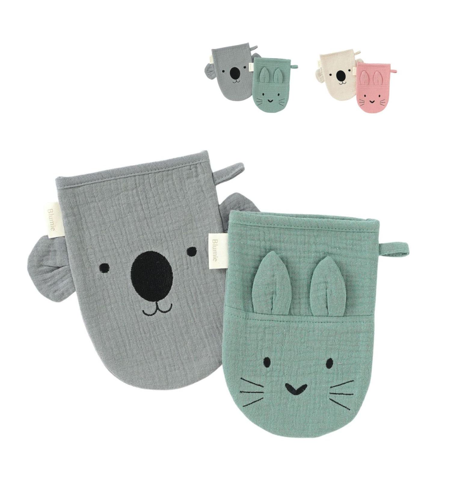 Blumie 2pcs Organic Cotton Bath Mitt Gloves for Babies & Kids with Animal Faces - Sage Green & Cloud Grey - Buy Online on GoSupps.com