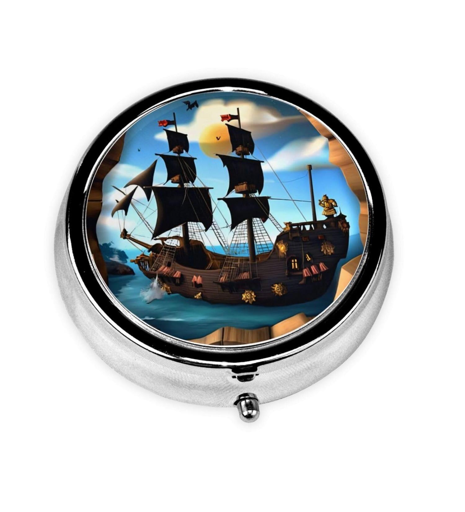 Cartoon Pirate Ship Portable Metal Pill Box - 3-Compartment Travel Case for Small Pills | Hinged Design | Perfect for On-the-Go - Buy Online on GoSupps.com