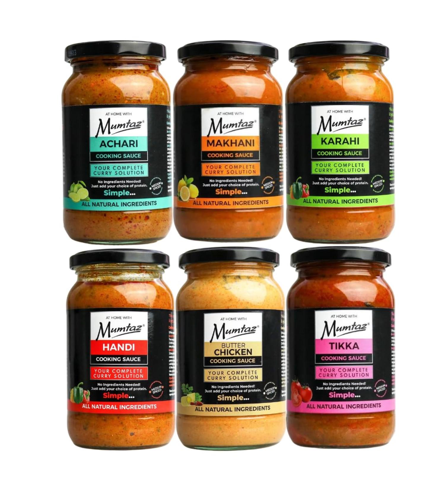 Mumtaz Indian Cooking Sauce Mixed Selection Pack of 6x350g Flavours Include: Achari Makhani Karahi Handi Butter Chicken Tikka - Buy Online on GoSupps.com