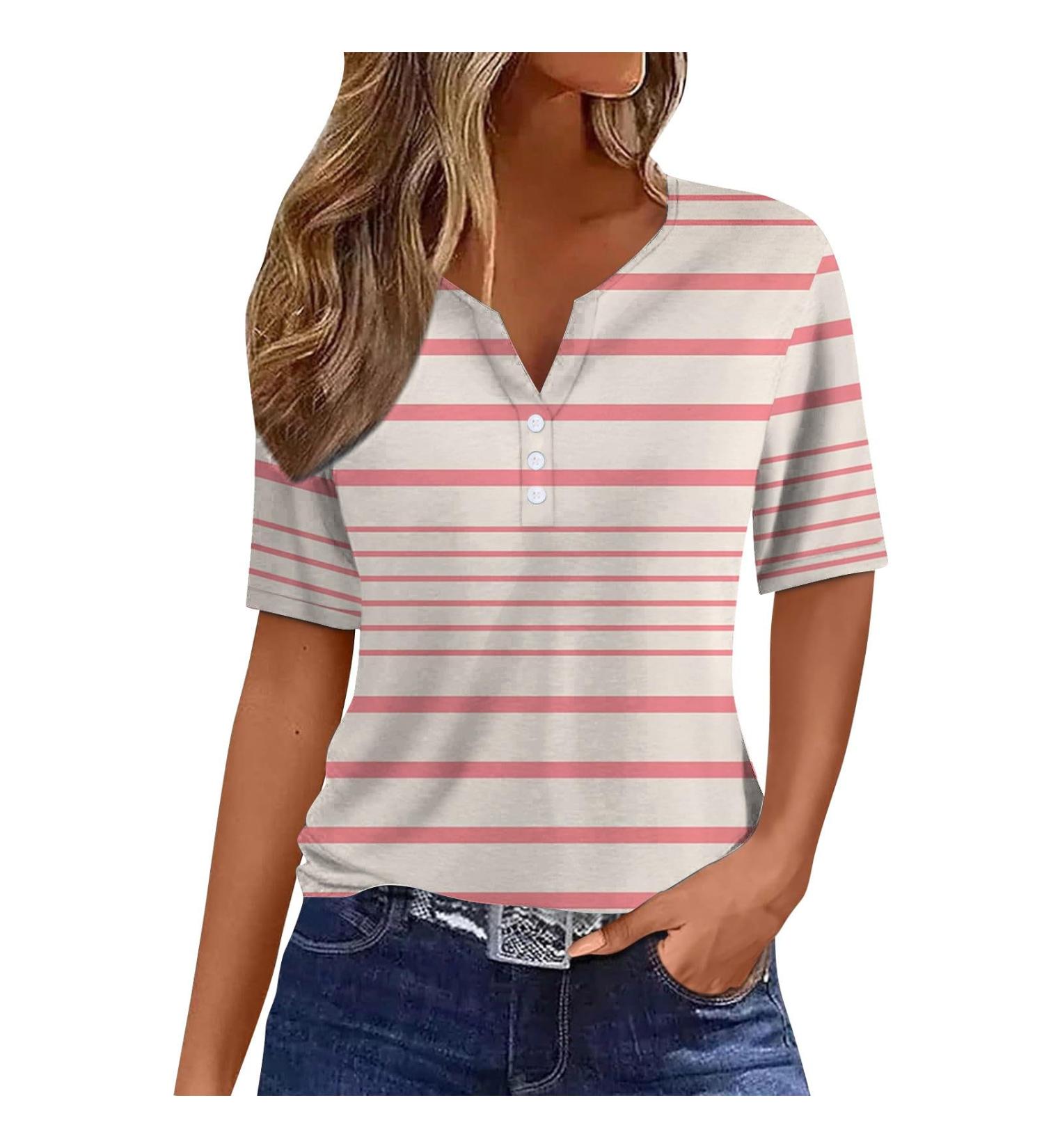 biJerou Women's Casual Striped Button Down T-Shirt - Short Sleeve White Patchwork - Plus Size XXL - Buy Online on GoSupps.com