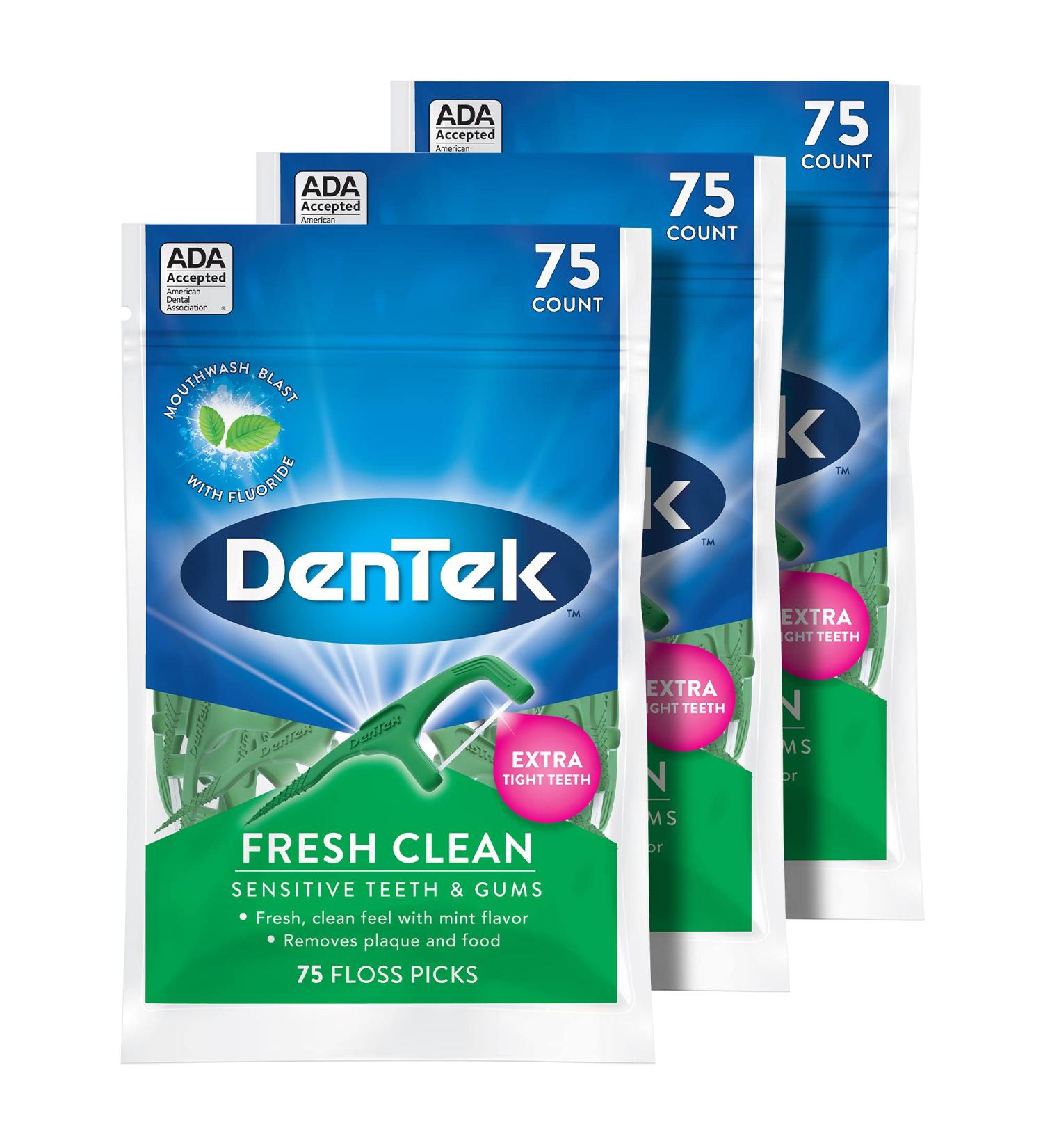 DenTek Fresh Clean Floss Picks - 75 Count Pack of 3 for Extra Tight Teeth - Buy Online on GoSupps.com