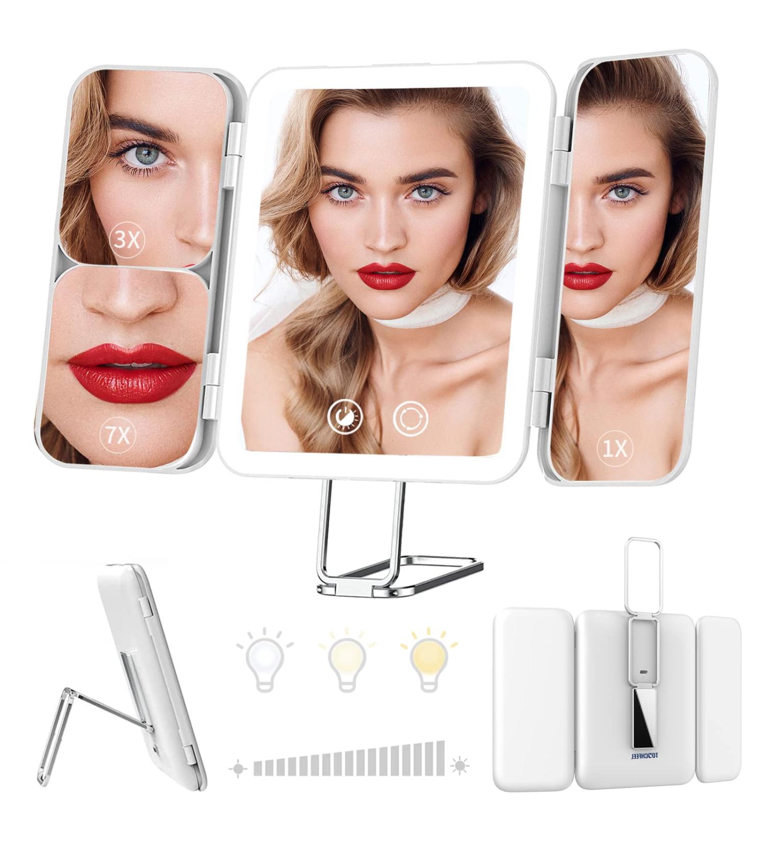 TOUCHFEEL Rechargeable LED Makeup Mirror - 1X/3X/7X Magnifying Vanity Mirror with 72 LED Lights - Portable & Touch Sensor Design - 3 Color Lights - White - Buy Online on GoSupps.com