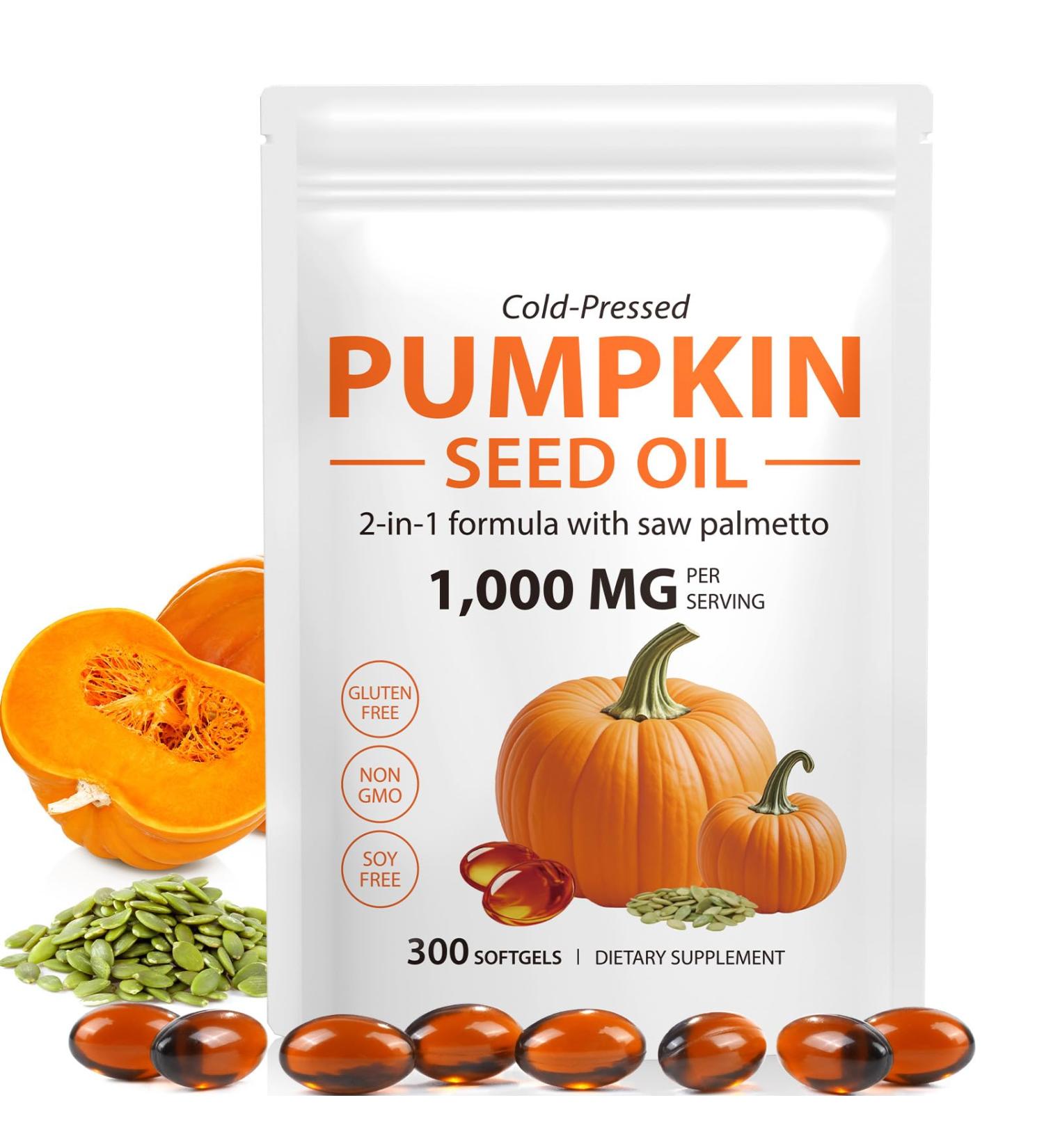 Pumpkin Seed Oil with Saw Palmetto Capsules 300 Softgels Cold Pressed Pure Virgin Oil Essential Fatty Acids & Phytosterols Supports Hair Urinary Bladder & Prostate Health Dietary Supplement 300 Count (Pack of 1) - Buy Online on GoSupps.com