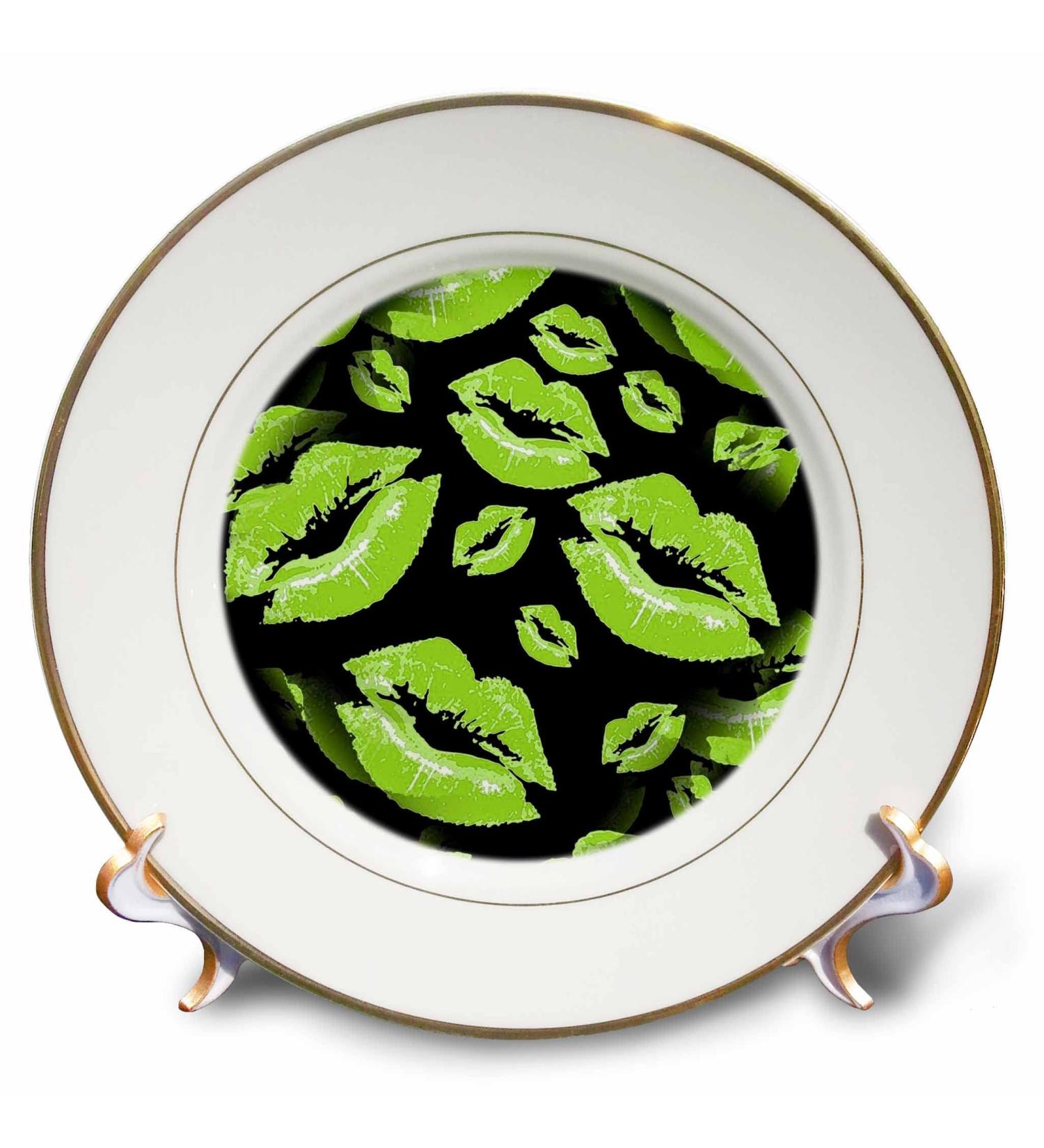 3dRose 8 inch Porcelain Plate - Two Kisses Collided Lip Smacking Lime Colored Lips Pattern Pattern - Lipstick Kisses