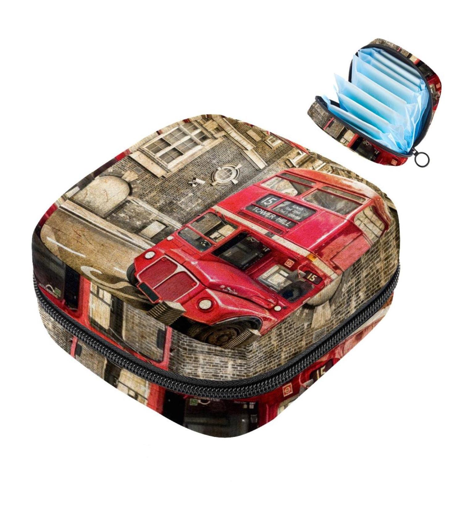 Vintage Red Double Decker Bus Sanitary Napkin Storage Bag | Portable Menstrual Cup Pocket for Girls & Women - Buy Online on GoSupps.com