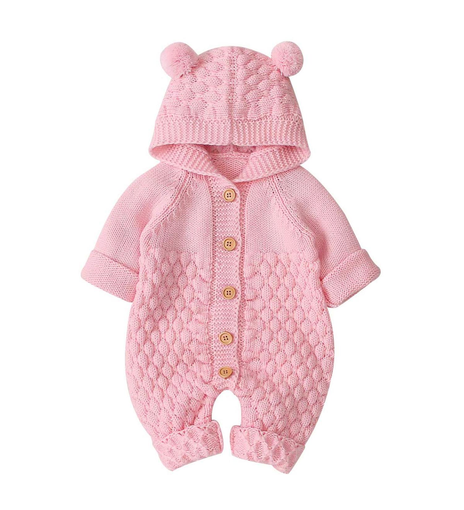 Haokaini Newborn Baby Knitted Winter Romper Hooded Ear Warmer Snowsuit 6-12 Months Pink - Buy Online on GoSupps.com