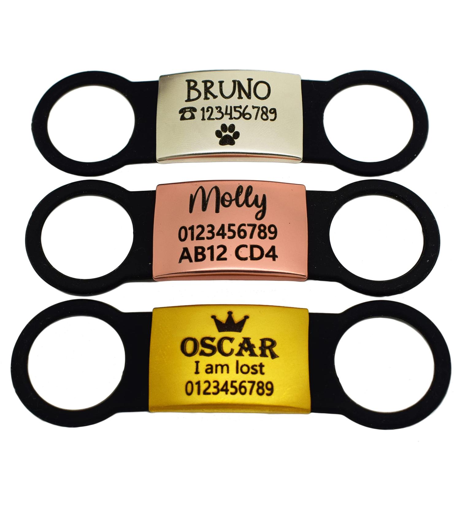 Slide ON Collar Stainless Steel with Elastic Silicone Engraving Rectangle ID Name DISC Personalised PET Dog CAT TAG Different Font Tags-Laser Engraving (M-(1.8cm-4cm) Silver-Black Rubber) M-(1.8cm-4cm) Silver-Black Rubber - Buy Online on GoSupps.com