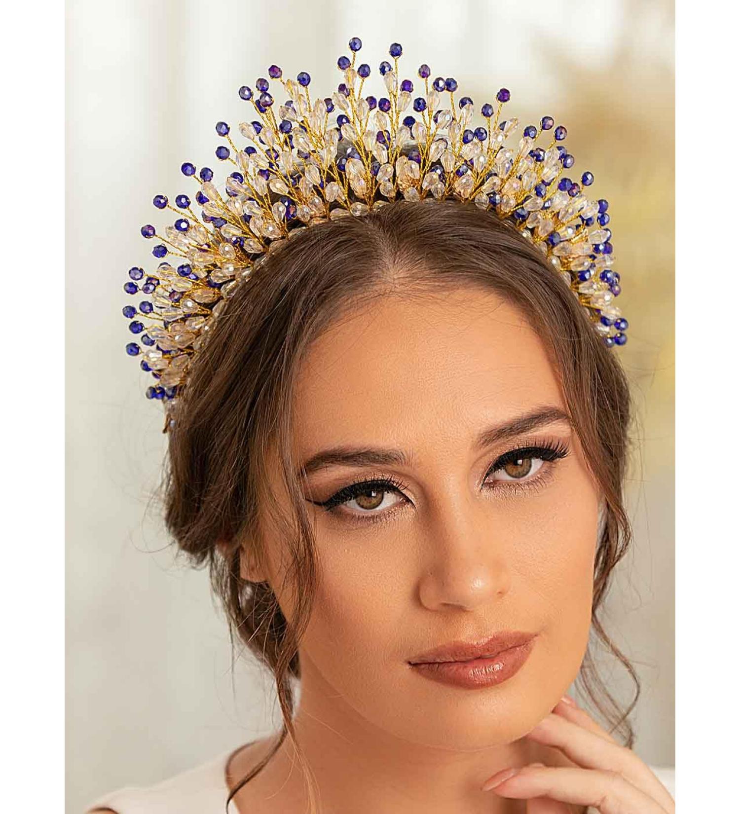 IYOU Halo Wedding Headband Crystal Blue Hair Bands Crown Beads Party Bridal Hair Accessories for Women - Buy Online on GoSupps.com