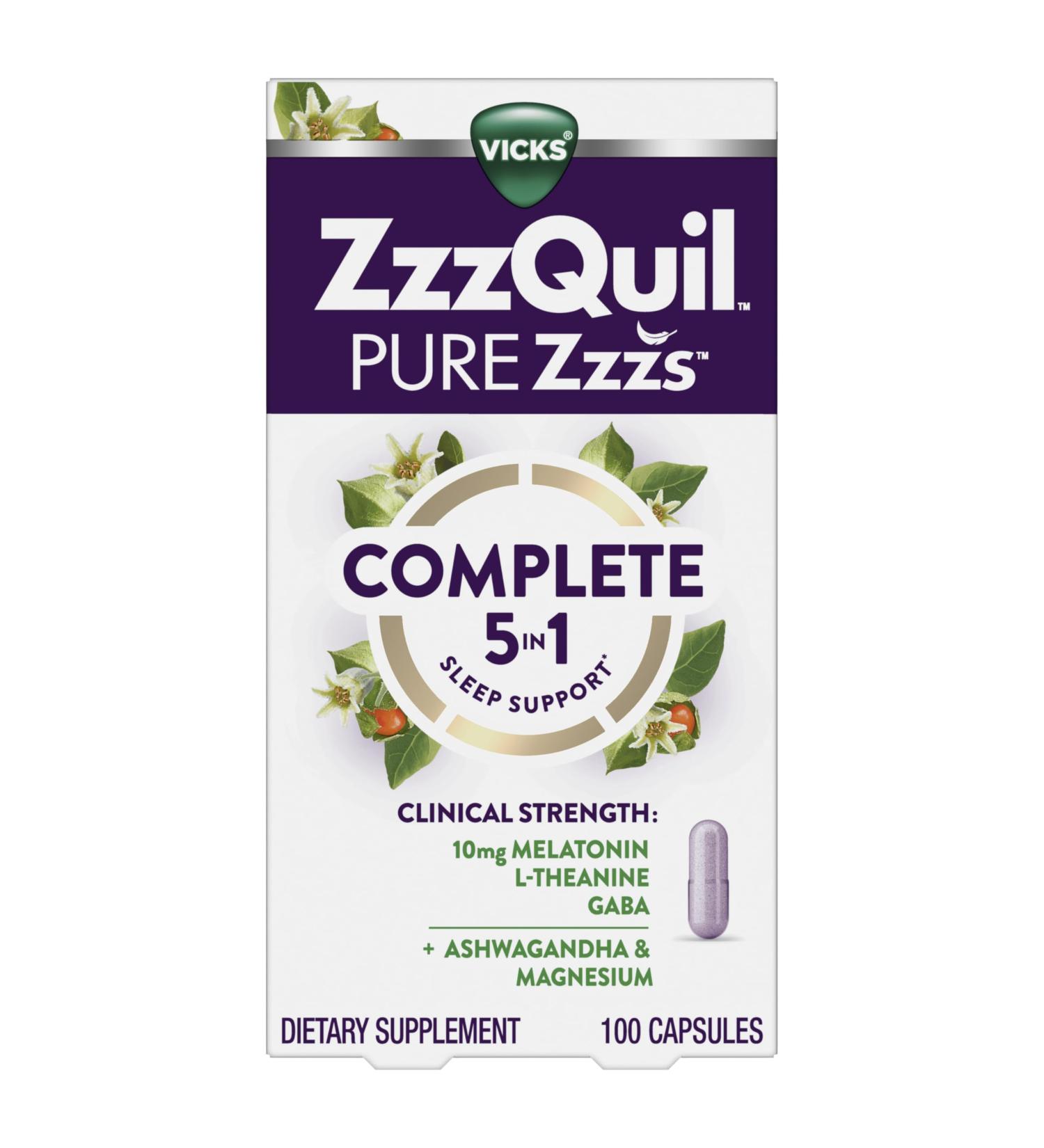 ZzzQuil Pure Zzzs Complete Sleep Melatonin 10mg L-Theanine GABA with Ashwagandha and Magnesium Melatonin Sleep Aid 100 Count 100 Count (Pack of 1) - Buy Online on GoSupps.com