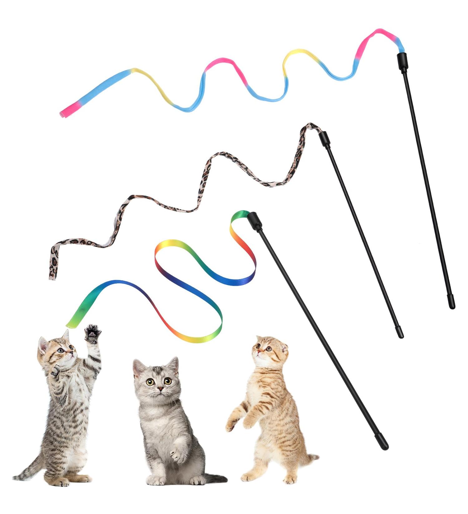 Amaxiu Cat Wand Toy Set Interactive Cat Wand Toy with Rainbow Ribbon String Rainbow Cloth String Leopard Print Cloth String for Small Cats Kittens Indoor Training Catcher(3 Packs) - Buy Online on GoSupps.com