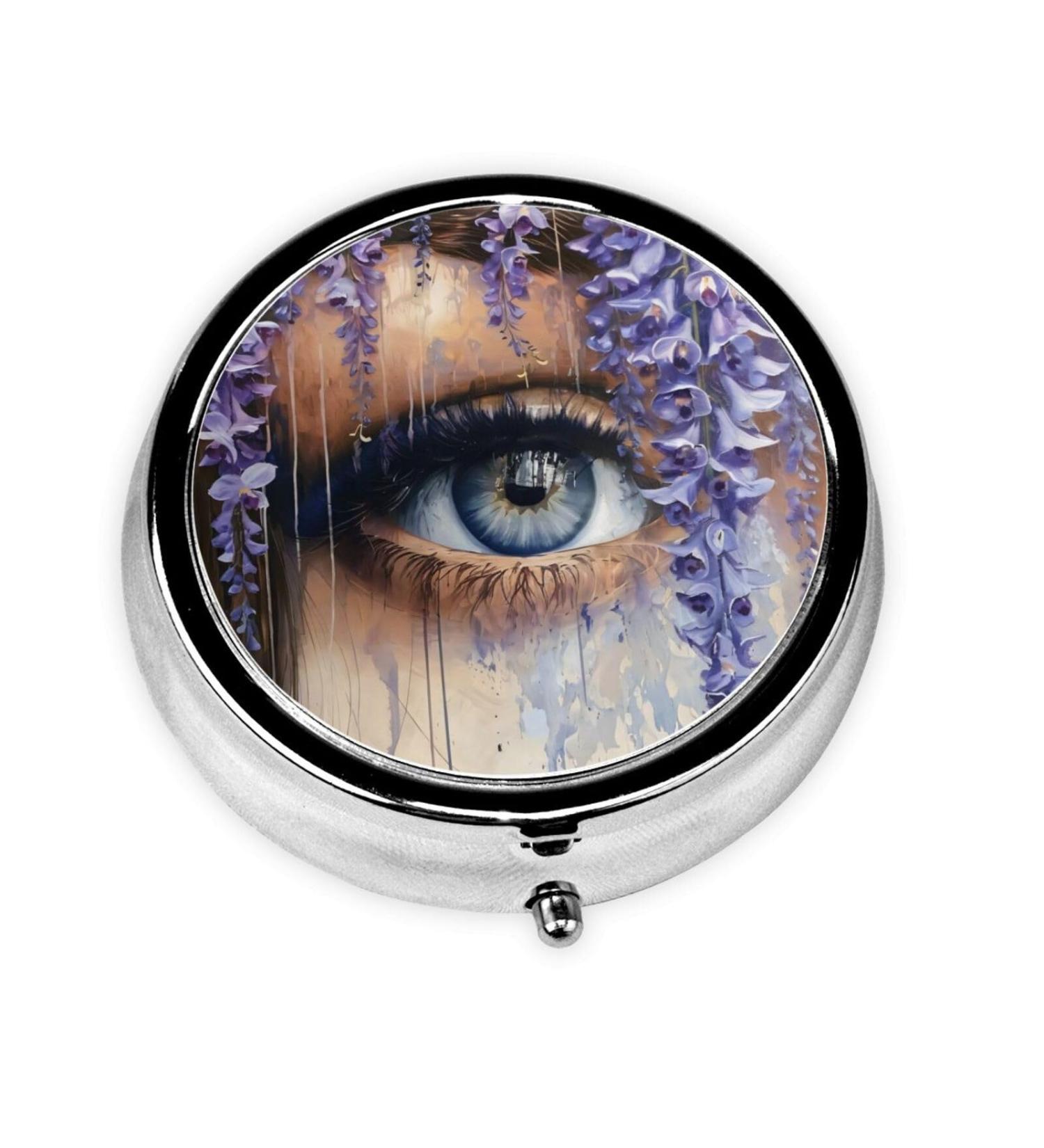 Buy Blue Flowers & Eyes Portable Metal Pill Box | Round Mini 3-Compartment | Ideal for Small Pills | Travel Essential | International Shipping - Buy Online on GoSupps.com