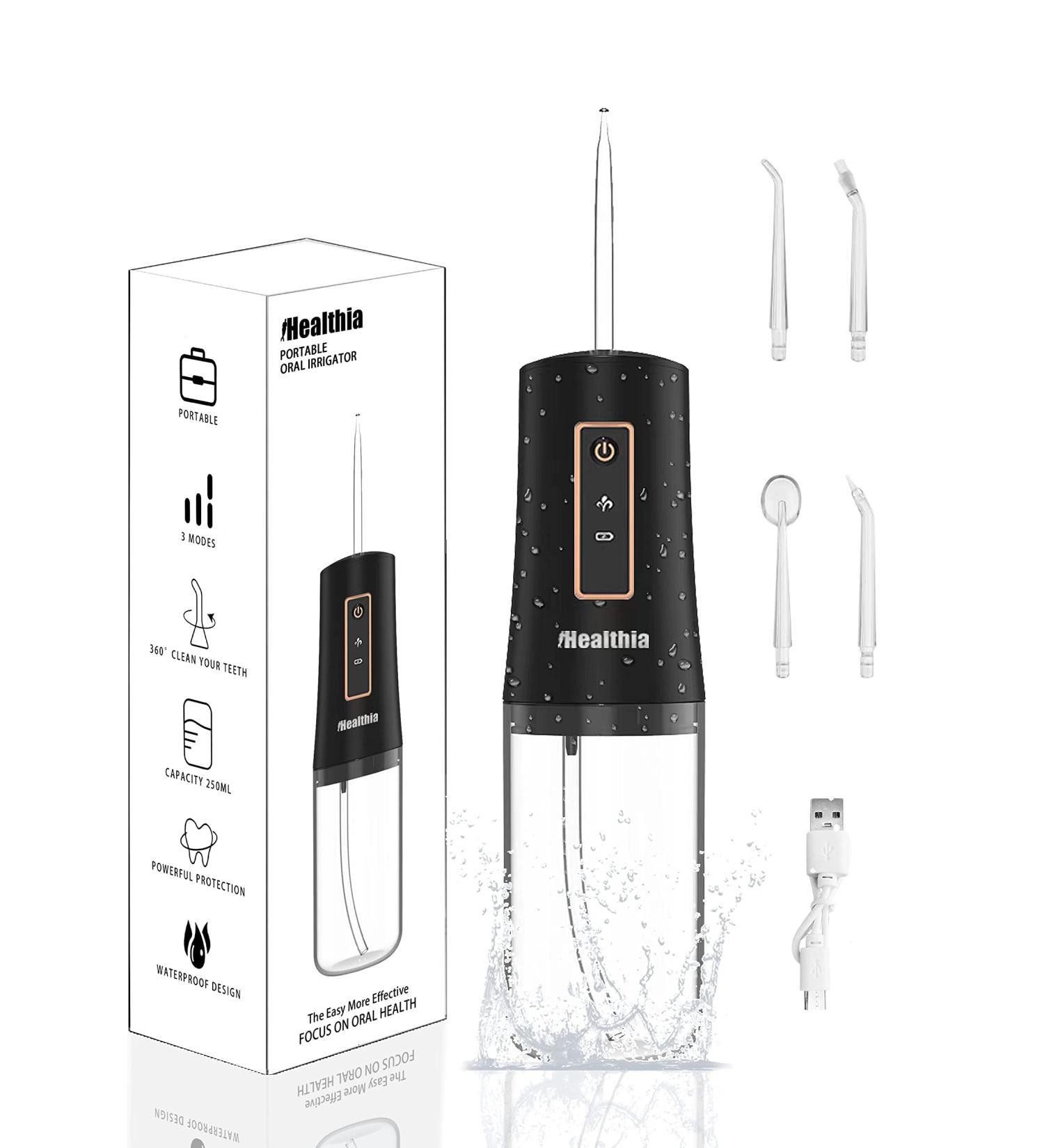 IHealthia Rechargeable Water Flosser Teeth Cleaner - Portable Cordless Dental Oral Irrigator | 3 Modes, 4 Nozzles | Waterproof for Home & Travel - Matte Black - Buy Online on GoSupps.com