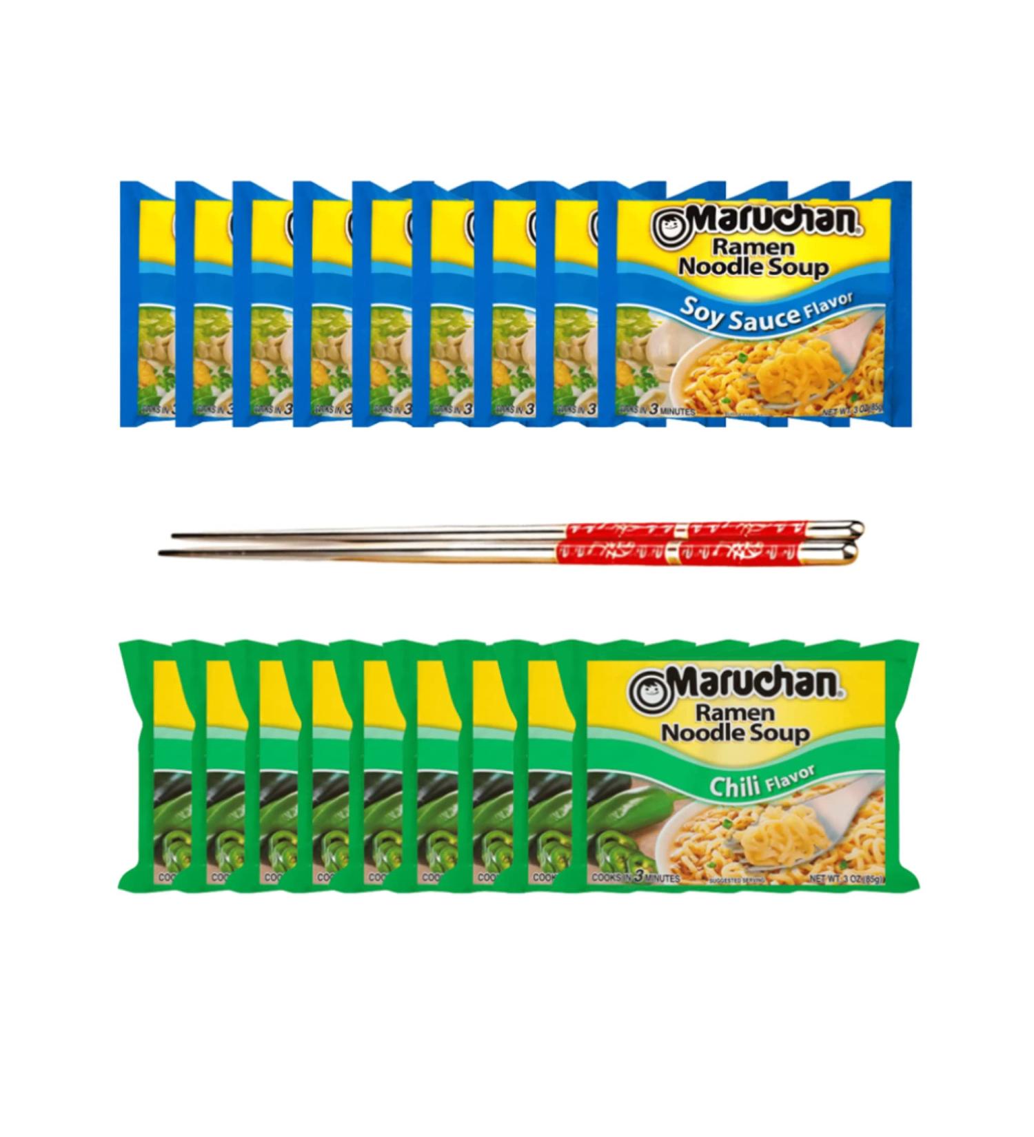 Ja Cor Instant Ramen Noodle Soup Variety Pack 2 Flavors (9) Soy Sauce (9) Chili Flavor Noodles 3 oz. Bundle with 1-Set of Reusable Stainless Steel Chopsticks (18 Individual Packs) - Buy Online on GoSupps.com