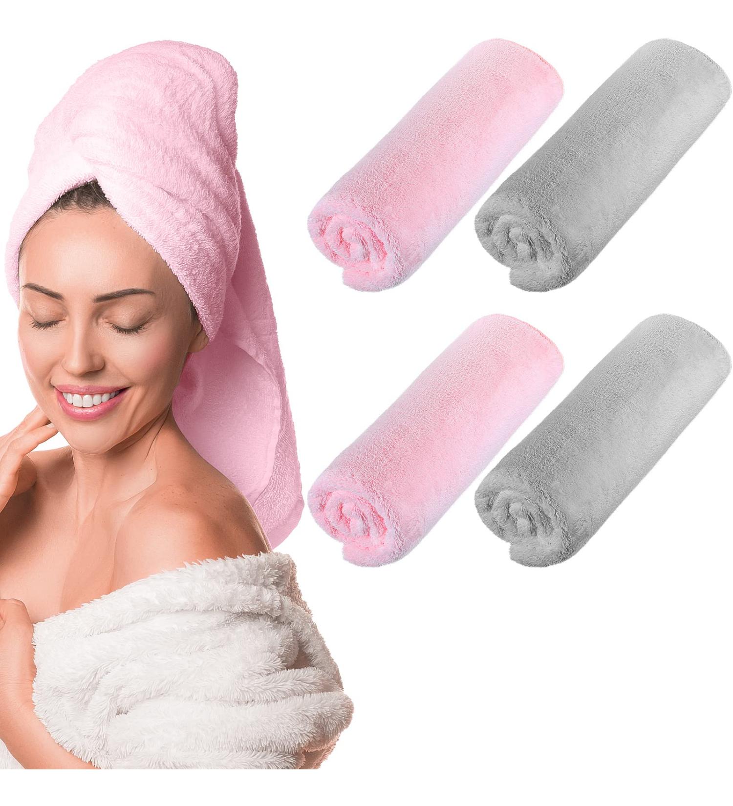 4 Pcs 20 x 40 Large Microfiber Hair Towel Set - Quick Dry & Absorbent Anti Frizz Drying Towels for Long & Short Hair - Pink and Gray - Buy Online on GoSupps.com