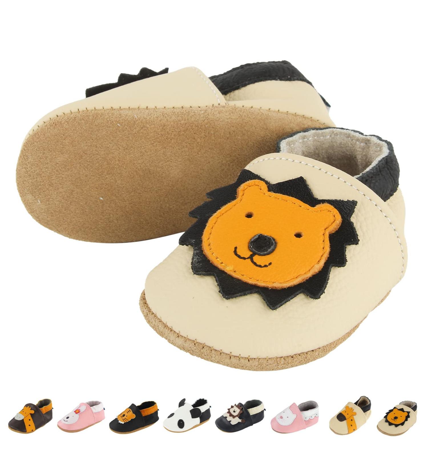 Soft Leather Baby Shoes | Baby Boy Girl Sneakers | Non-Slip First Walking Shoes | Beige Lion Design | 0-24 Months - Buy Online on GoSupps.com