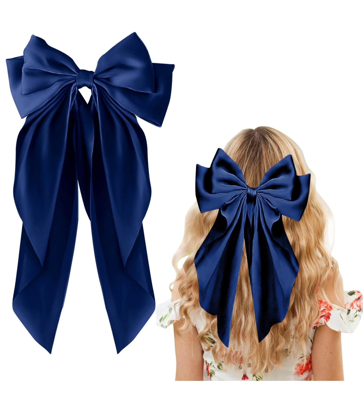 Navy Blue French Bow Hair Clip with Silky Satin Tail - Women's Hair Accessory - Buy Online on GoSupps.com
